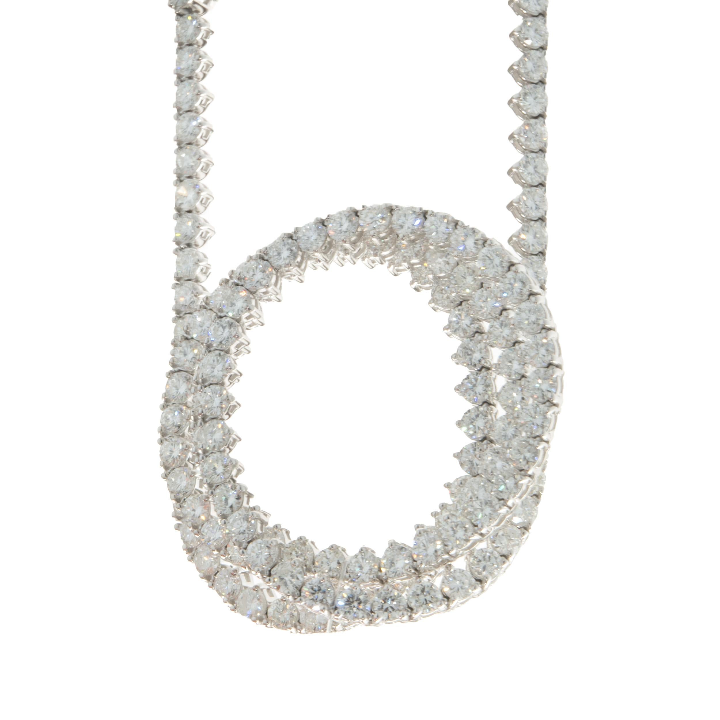 Designer: custom design
Material: 18K white gold
Diamond: 142 round brilliant cut = 10.01cttw
Color: G
Clarity: VS2
Dimensions: necklace measures 17-inches in length 
Weight: 20.68 grams