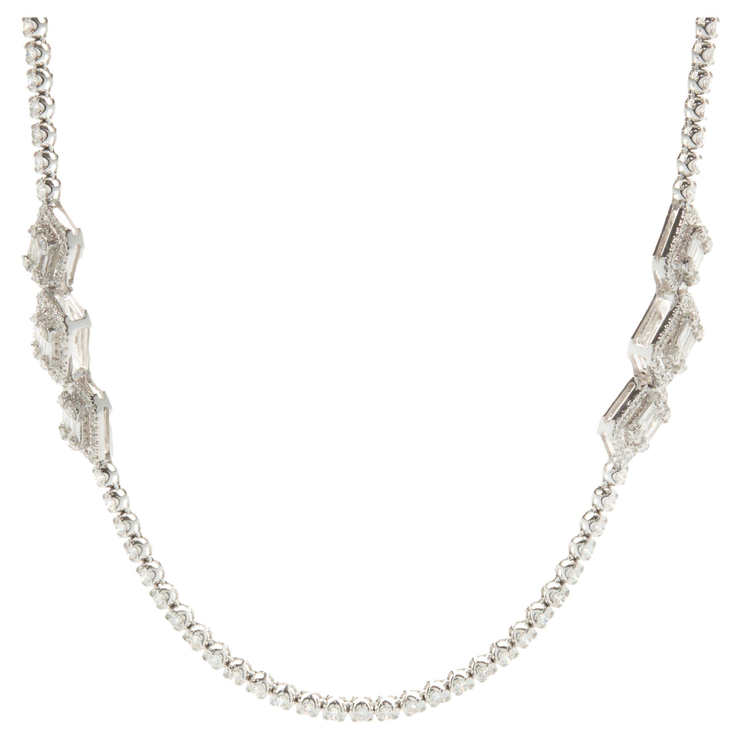 18 Karat White Gold Diamond Tennis Necklace with Mosaic Set Diamond Station