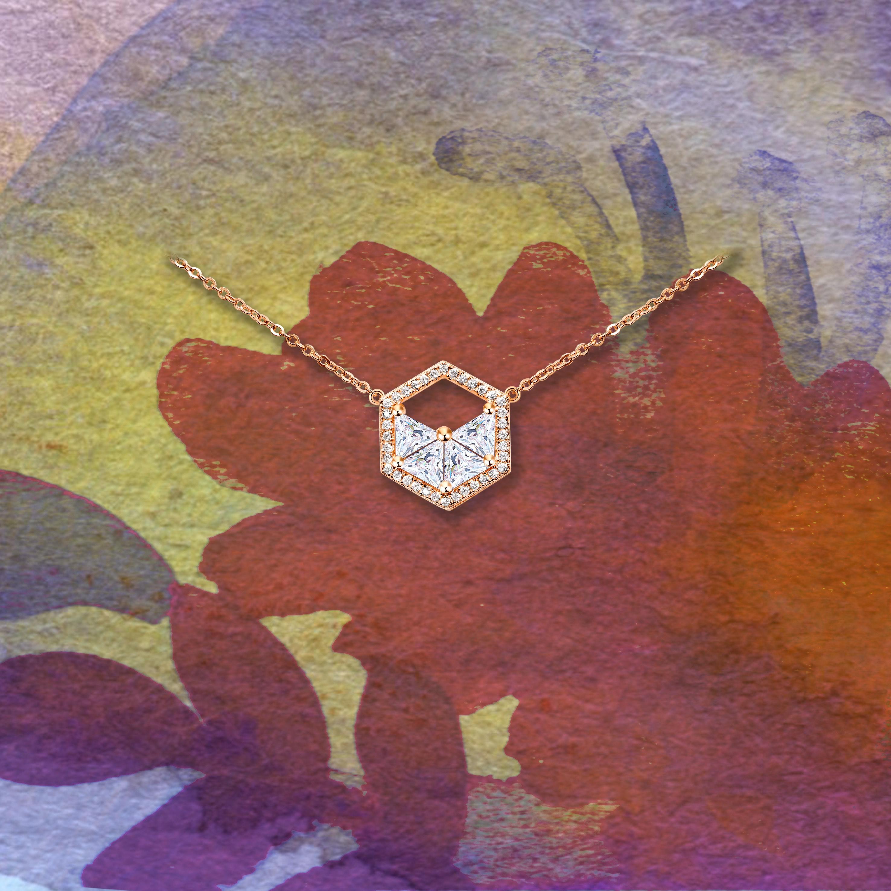 Contemporary 18 Karat White Gold Diamond Triangle Halo Necklace For Sale