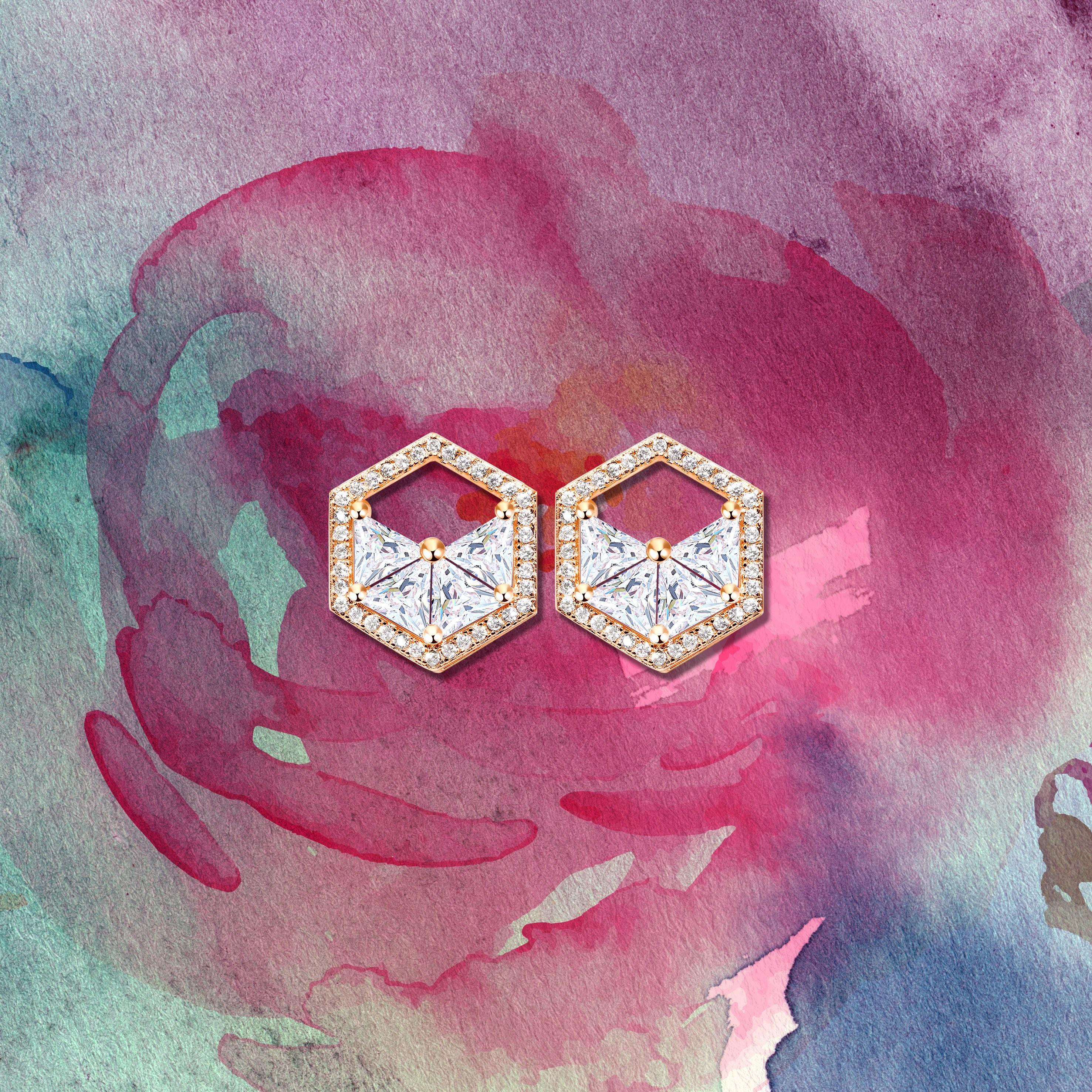 Contemporary 18 Karat White Gold Diamond Triangle Halo Stud Earrings For Sale