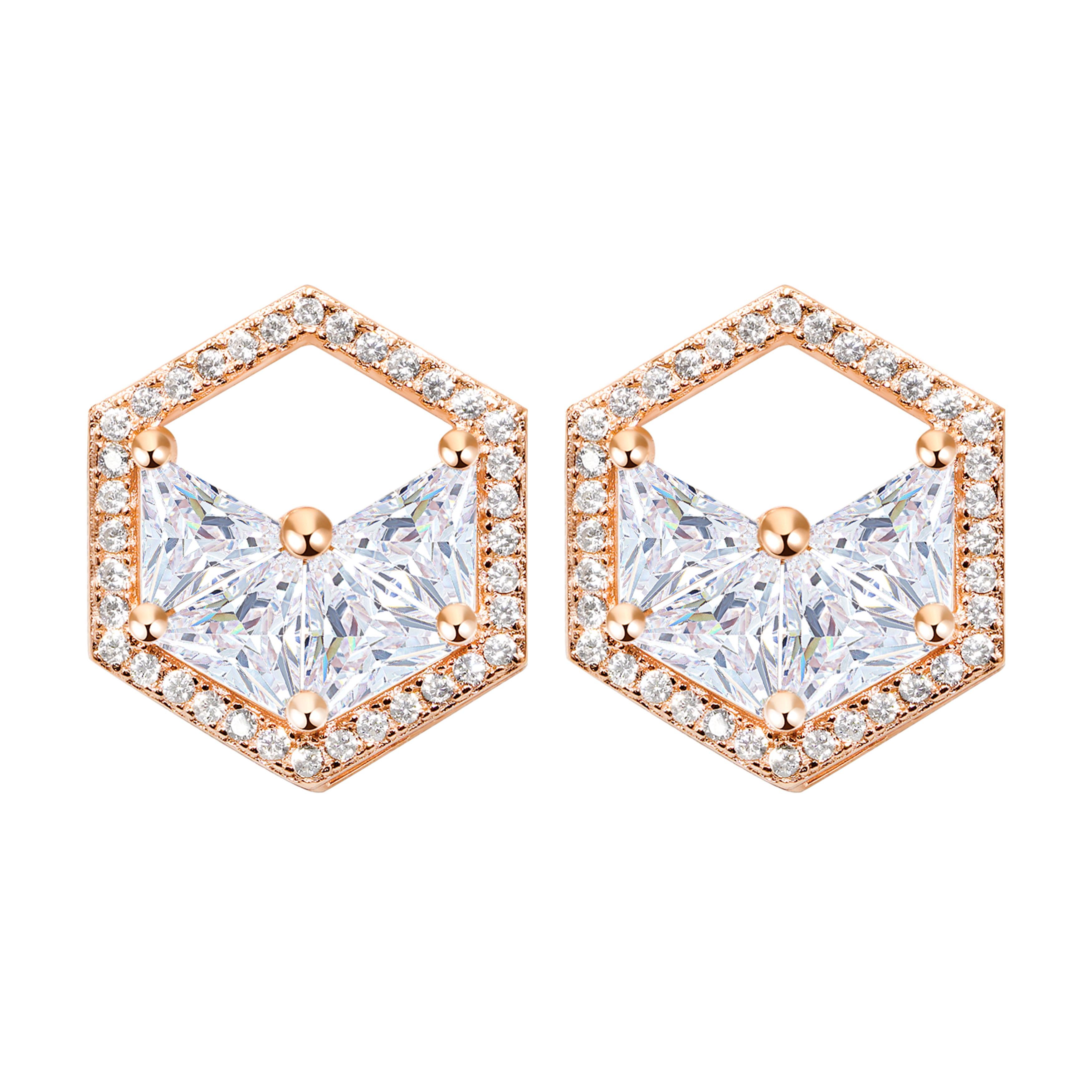 Trillion Cut 18 Karat White Gold Diamond Triangle Halo Stud Earrings For Sale
