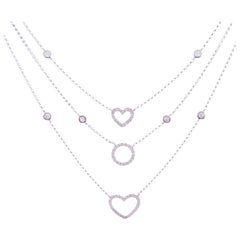 18 Karat White Gold Diamond Triple Strand Heart Hollow Pendant Necklace