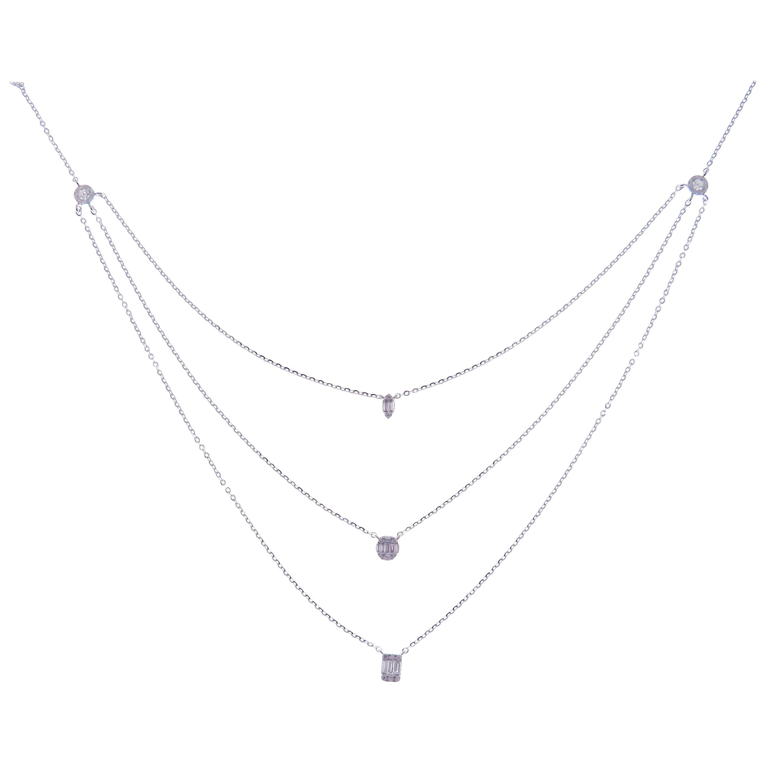 18 Karat White Gold Diamond Triple-Strand Simple Piece Necklace For Sale