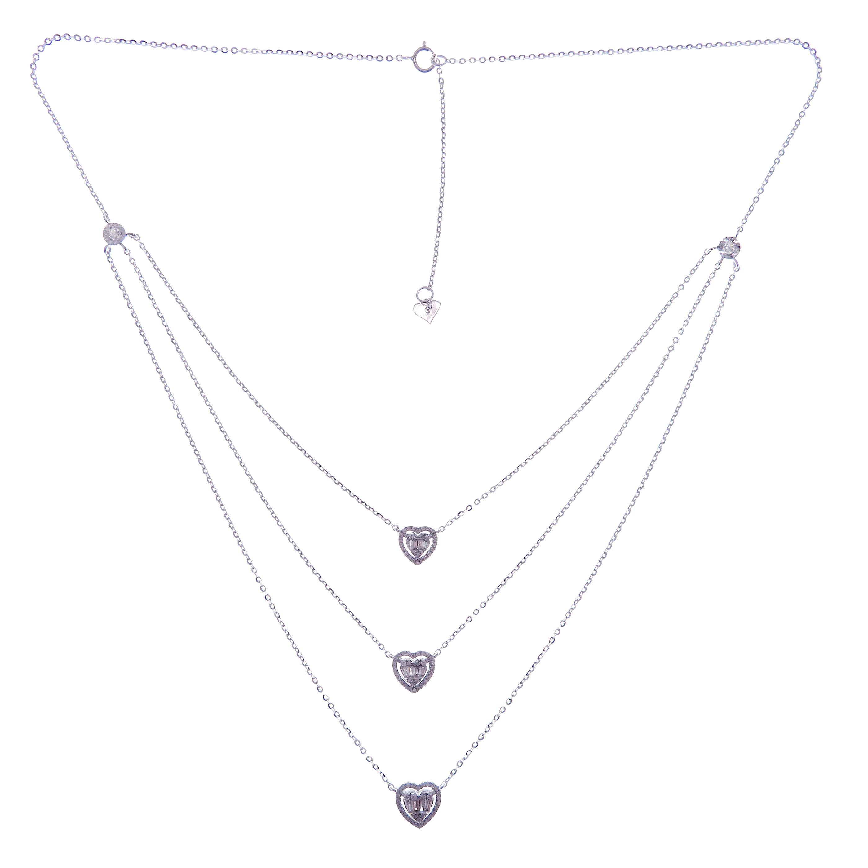 Baguette Cut 18 Karat White Gold Diamond Triple-Strand Sweet Hearts Necklace