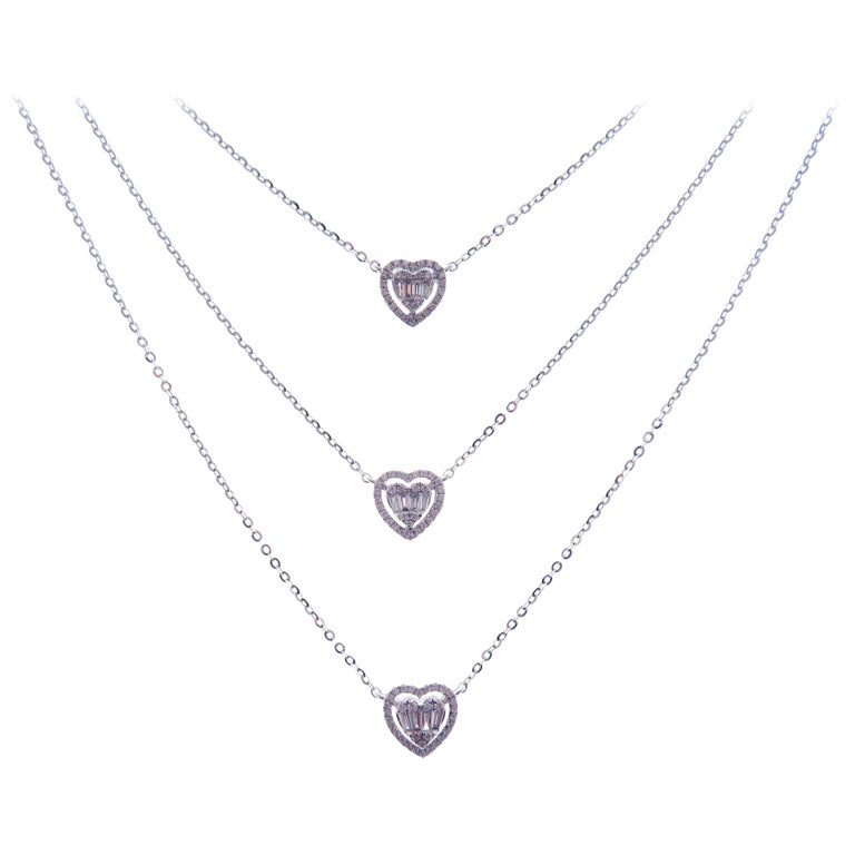 18 Karat White Gold Diamond TripleStrand Sweet Hearts Necklace at 1stDibs