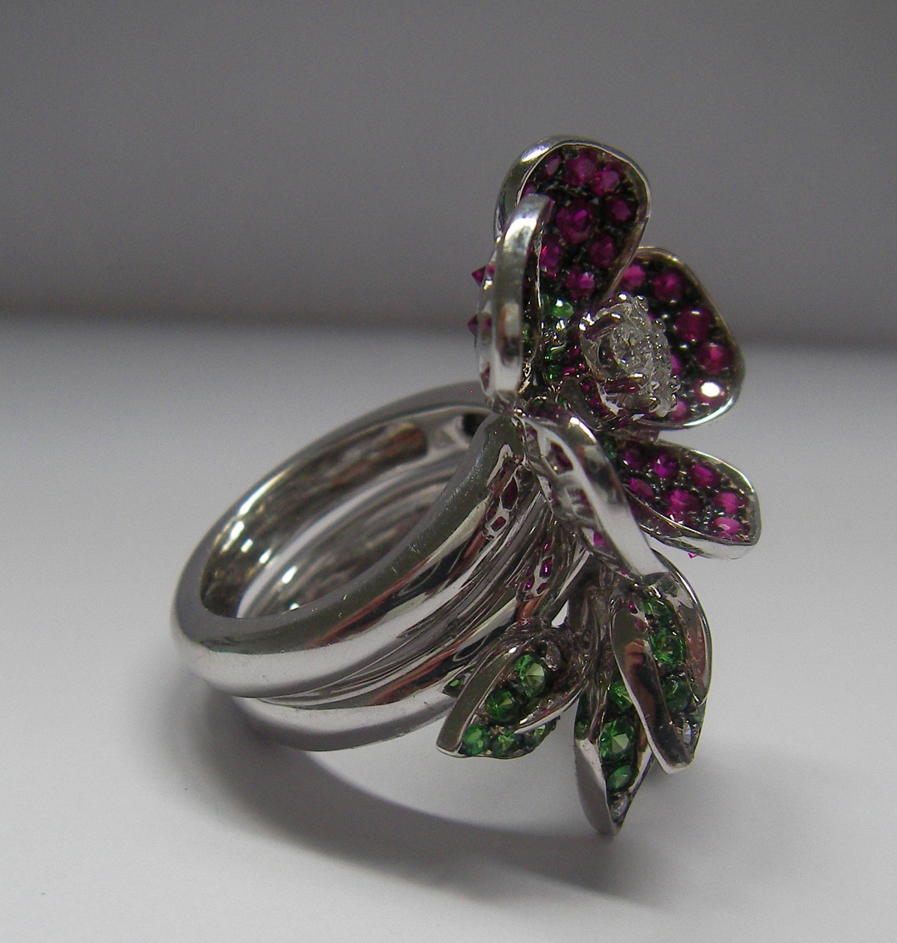 Round Cut 18 Karat White Gold Diamond Tsavorite and Ruby Floral Ring