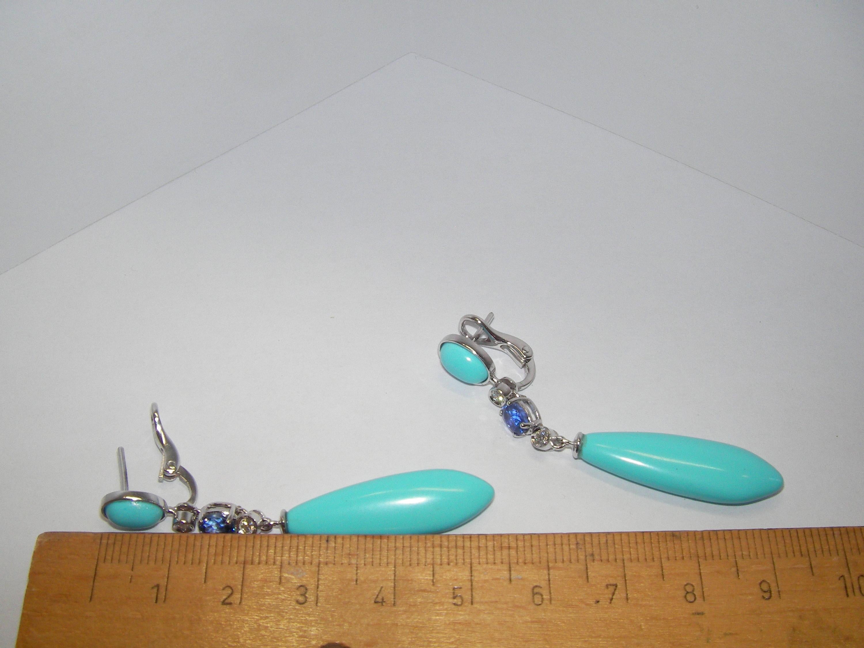 Mixed Cut 18 Karat White Gold Diamond Turquoise and Sapphire Dangle Earrings For Sale