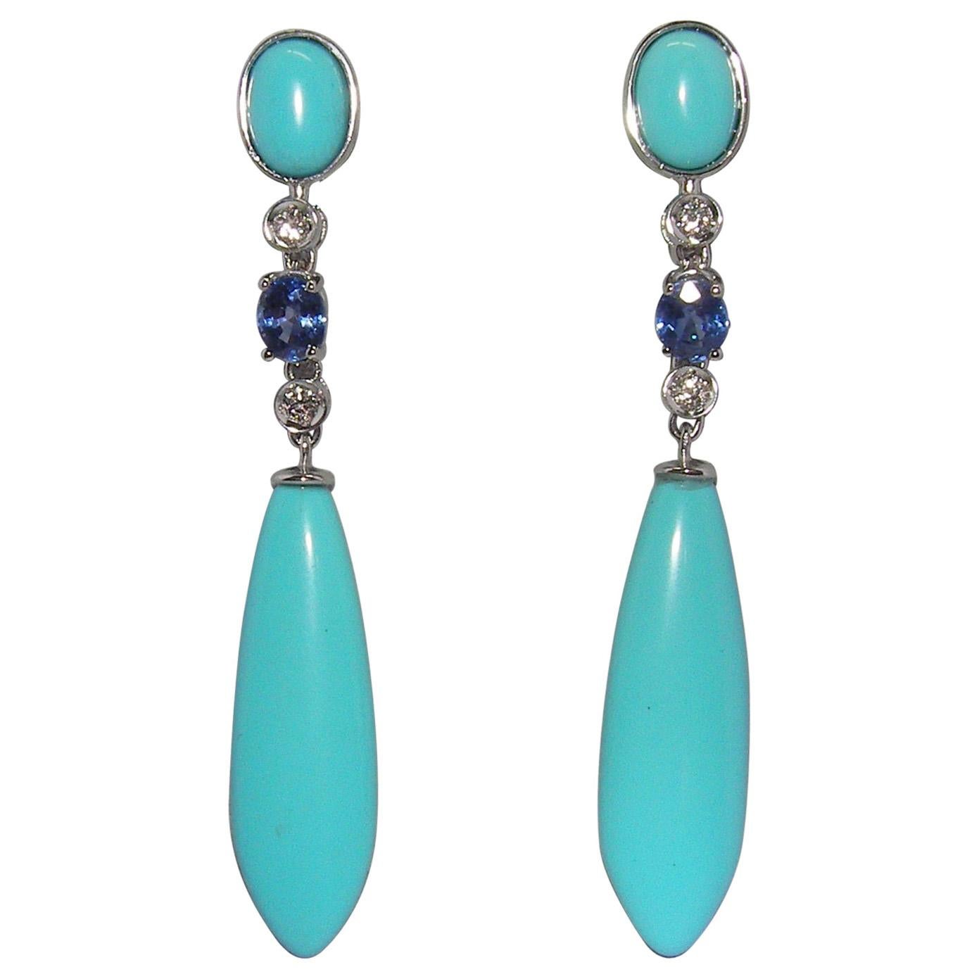 18 Karat White Gold Diamond Turquoise and Sapphire Dangle Earrings For Sale