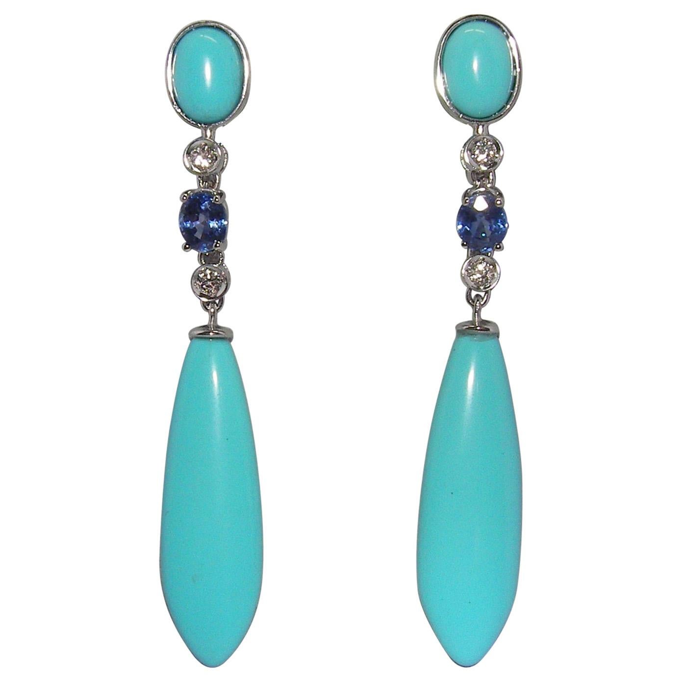 18 Karat White Gold Diamond Turquoise and Sapphire Dangle Earrings