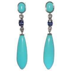 Vintage 18 Karat White Gold Diamond Turquoise and Sapphire Dangle Earrings