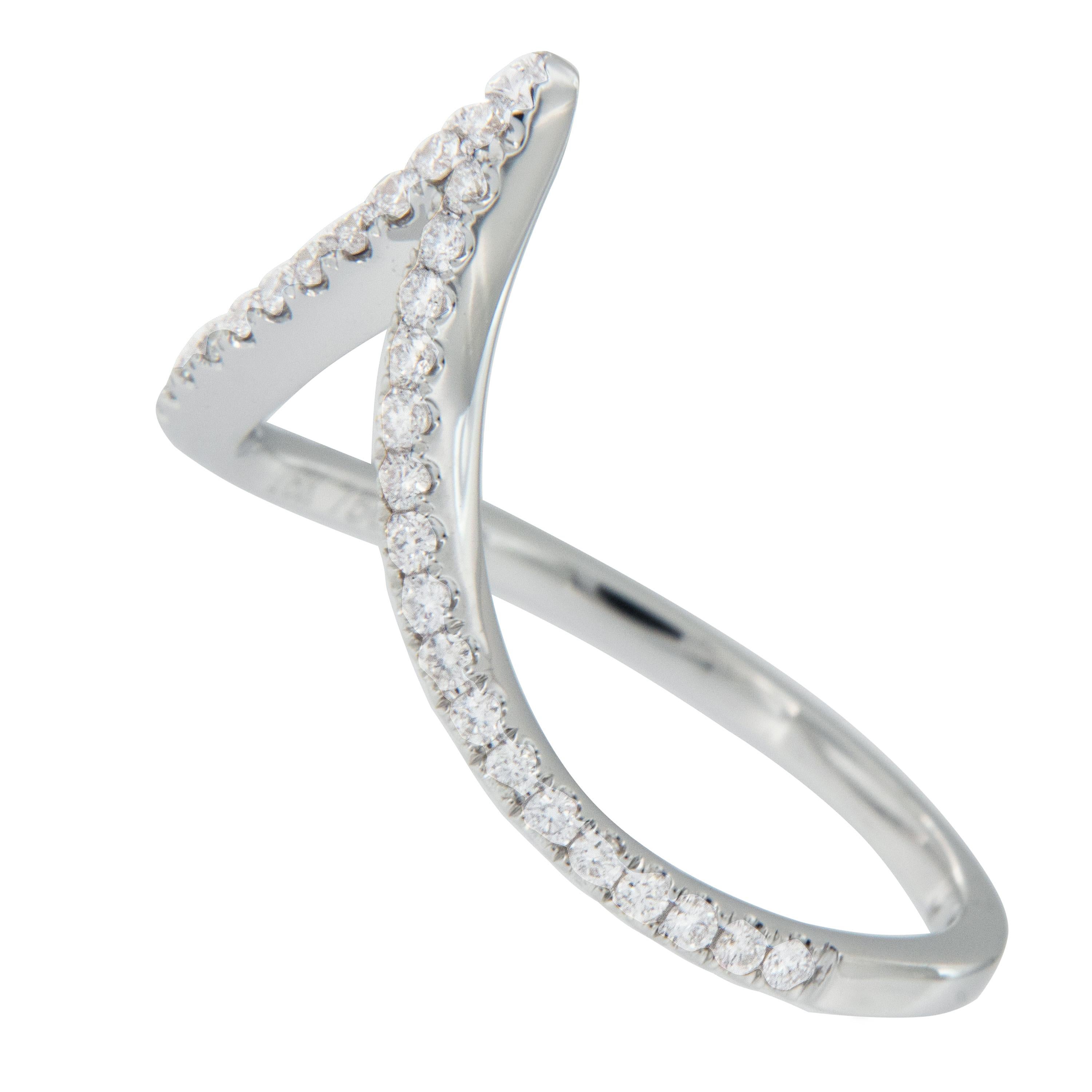 This elegant & brand new V shaped diamond ring not only looks fabulous alone or stacked but it also nests up perfectly with Oval, Pear Shape, Marquise Shaped & halo engagement rings! Crafted in fine 18 karat white gold & precision set with 35 round
