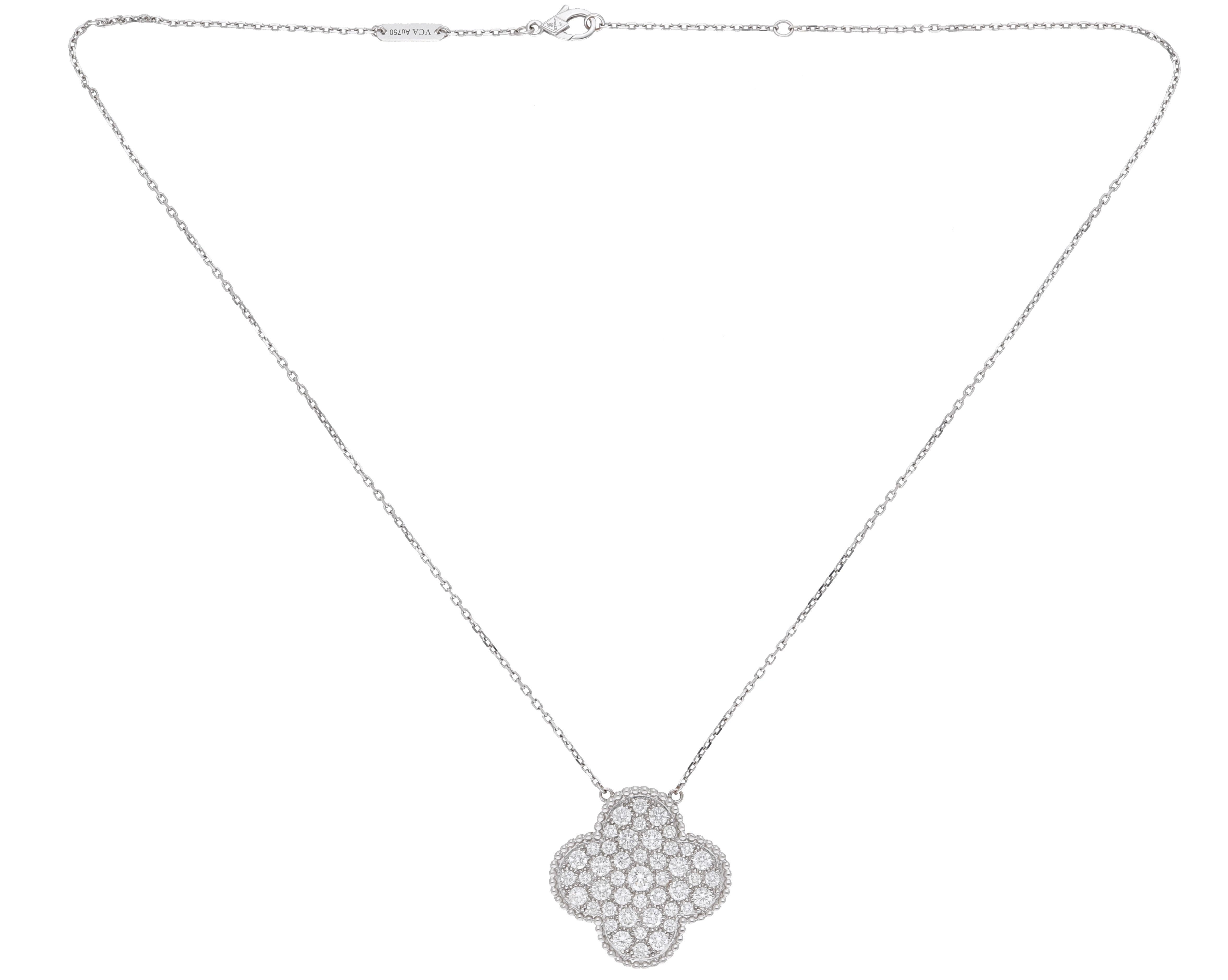 Van Cleef & Arpels Magic Alhambra pendant necklace , rhodium plated 18K white gold, 2.45 carats of round-cut diamonds; ( diamond quality DEF, IF to VVS. )
This iconic design is perfect for every occasion.
Created in 2006 by Van Cleef & Arpels, the