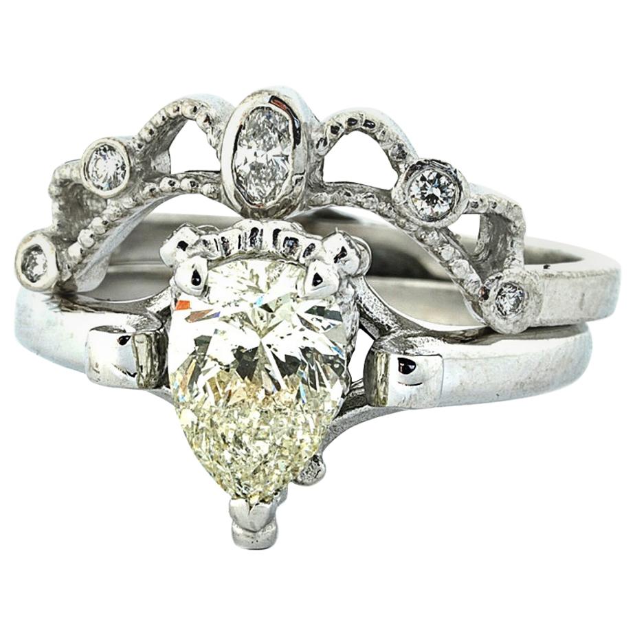 18 Karat White Gold Solitaire Diamond Wedding Ring and Diamond Keeper Ring Set For Sale