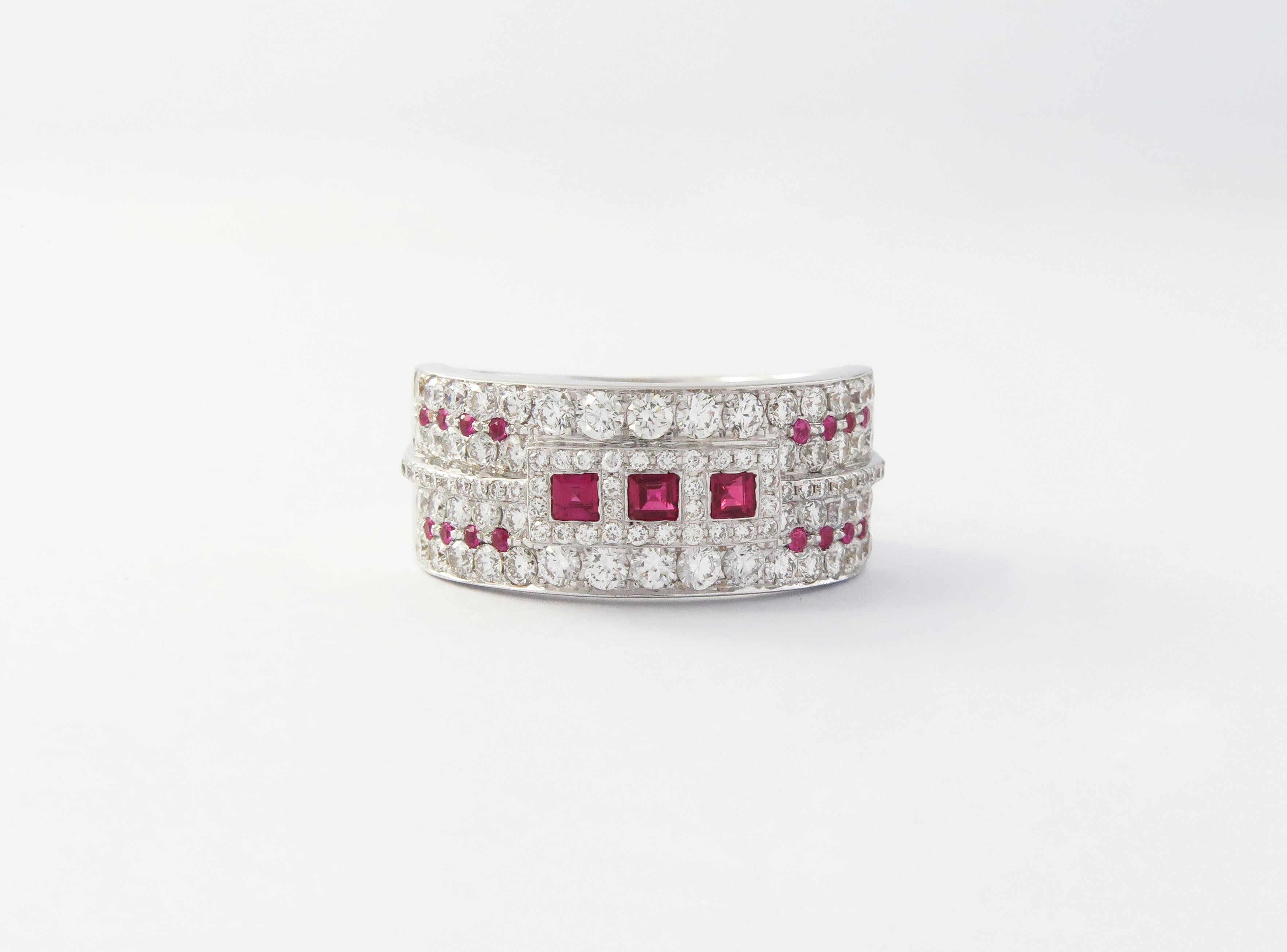 This 18K White Gold cocktail ring features  White Brilliant Diamond with beautiful Ruby stone. Combine with glamorous outfits for a show-stopping effect. Each diamond hand-selected by our experts for its superior luster and surface quality.

Our