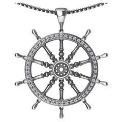 18 Karat White Gold Diamond Women's 18 inch Captain Sailors Wheel Pendant