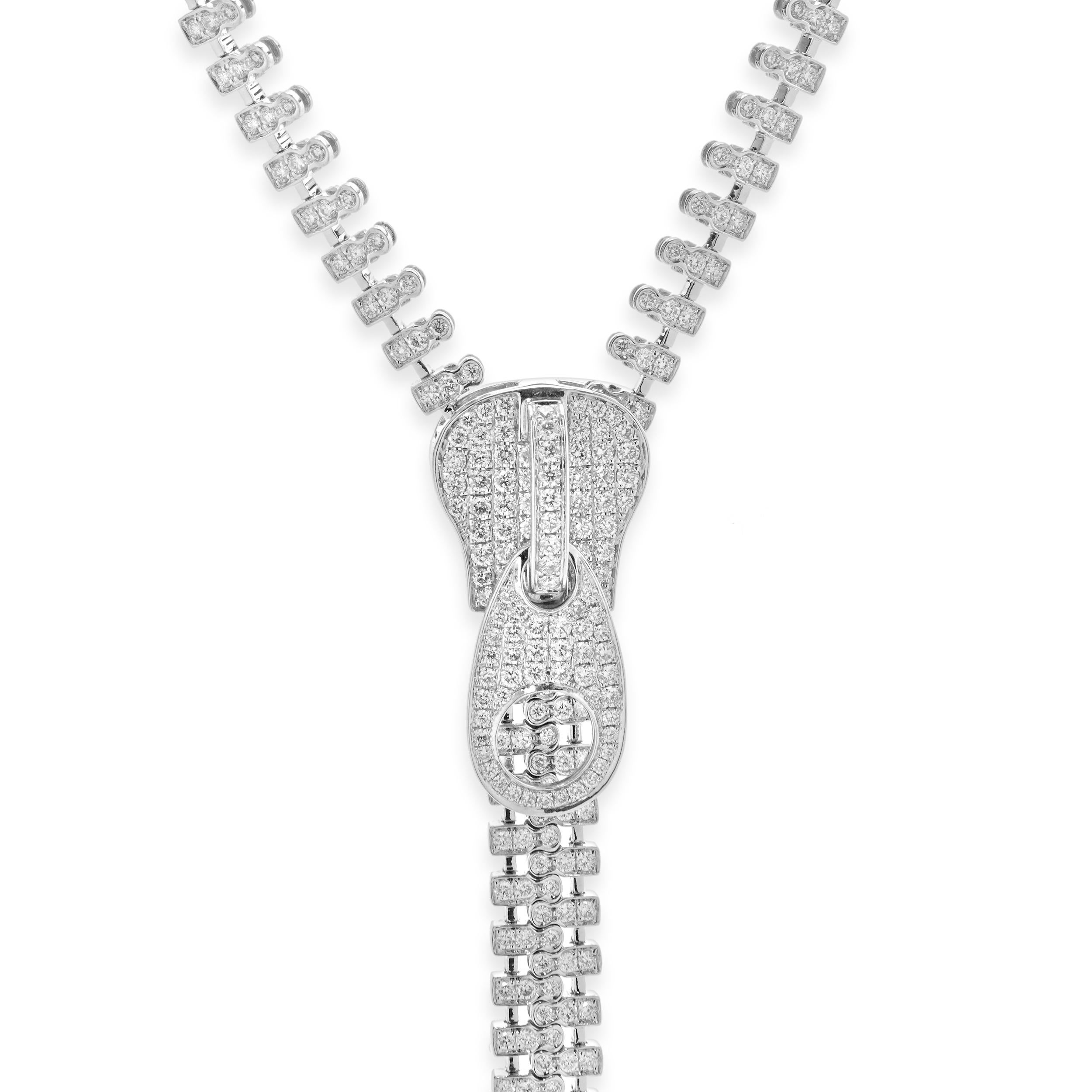 Designer: custom
Material: 18K white gold
Diamonds: 441 round brilliant cut = 7.19cttw
Color: G 
Clarity: SI1
Dimensions: necklace measures 18-24-inches in length 
Weight: 58.50 grams

