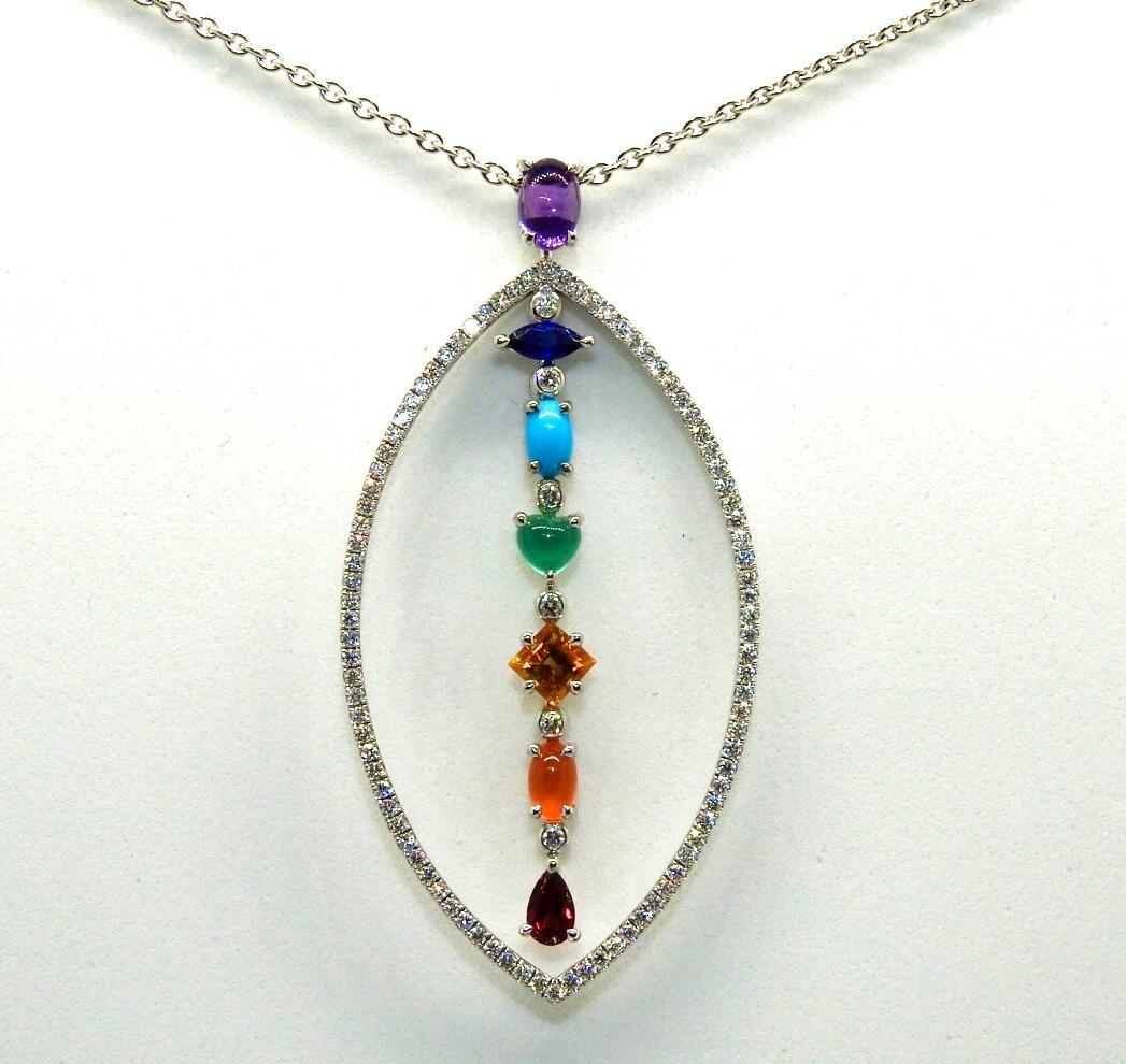 Contemporary 18 K White Gold, Diamonds and Gems Chakra Pendant For Sale