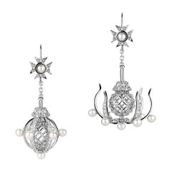 18 Karat White Gold Diamonds and Pearls Transforming Chandelier Earrings