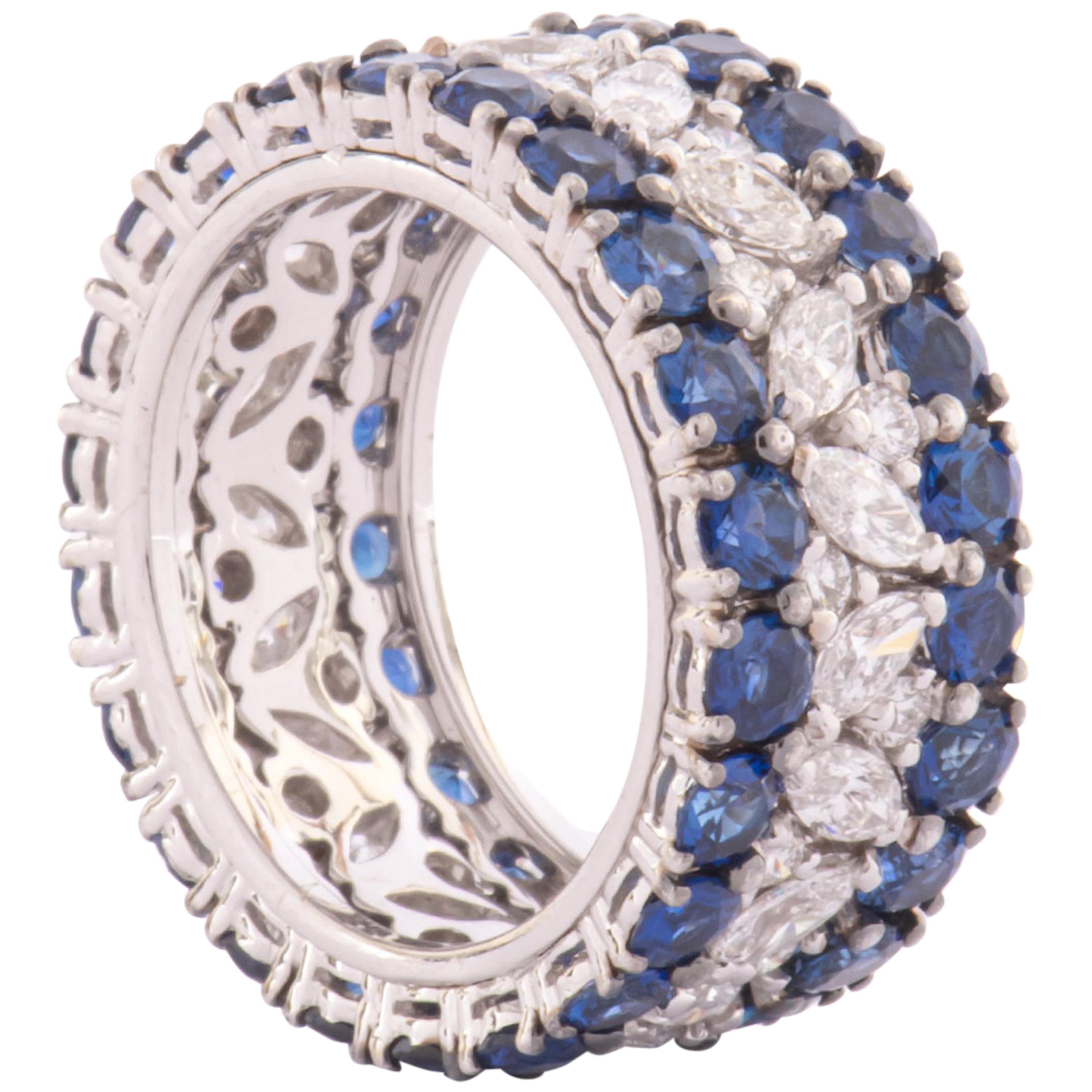 18 Karat White Gold, Diamonds and Sapphires Band Ring