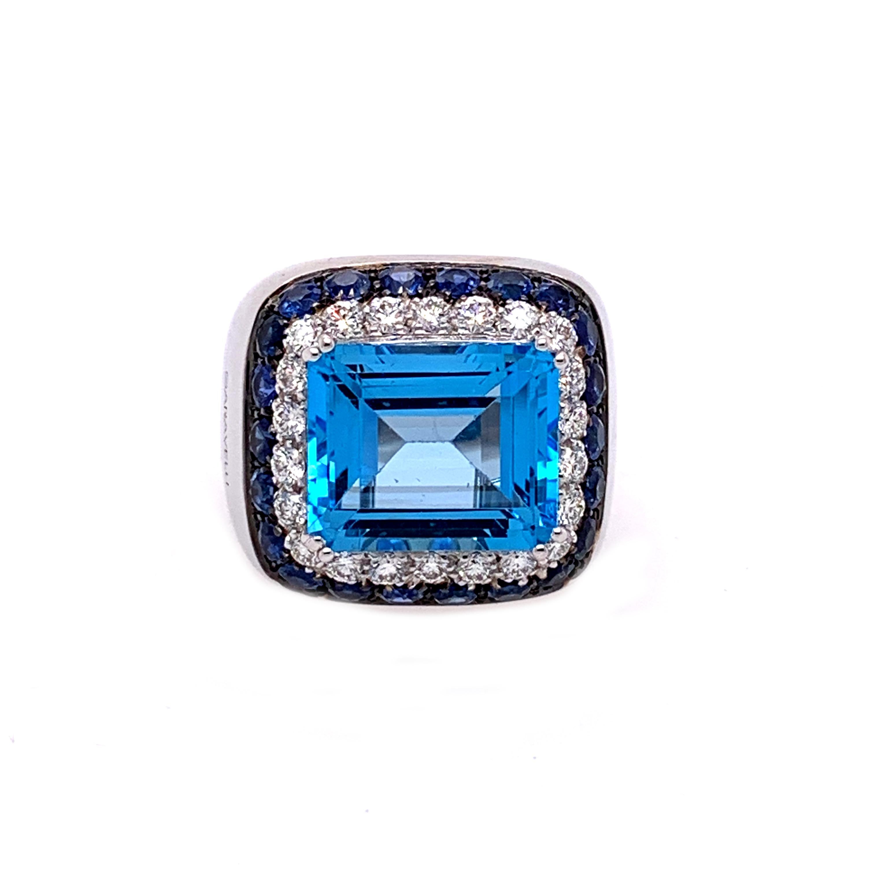 Contemporary 18 Karat White Gold Diamonds, Blue Sapphires and Blue Topaz Ring