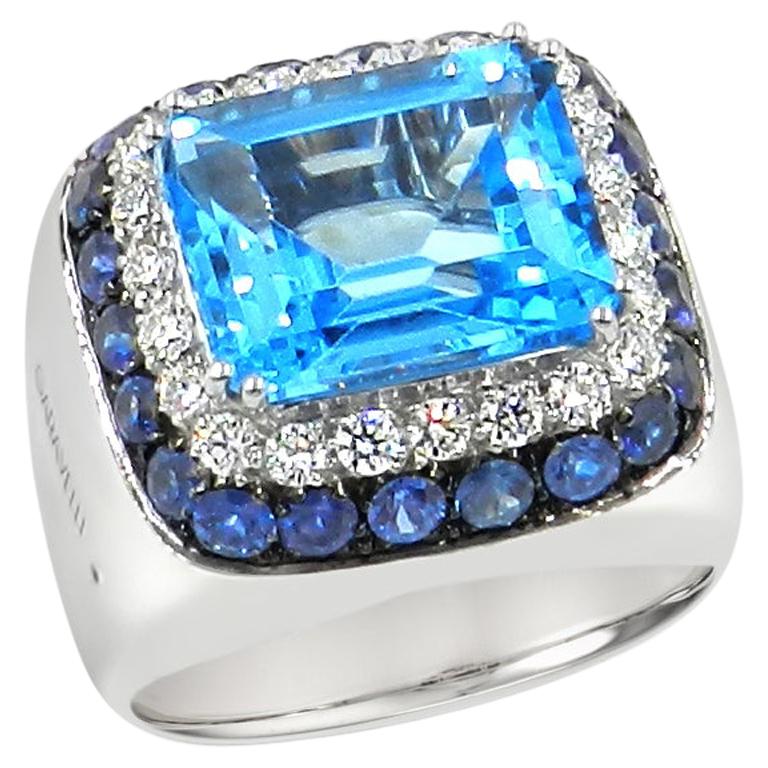 18 Karat White Gold Diamonds, Blue Sapphires and Blue Topaz Ring