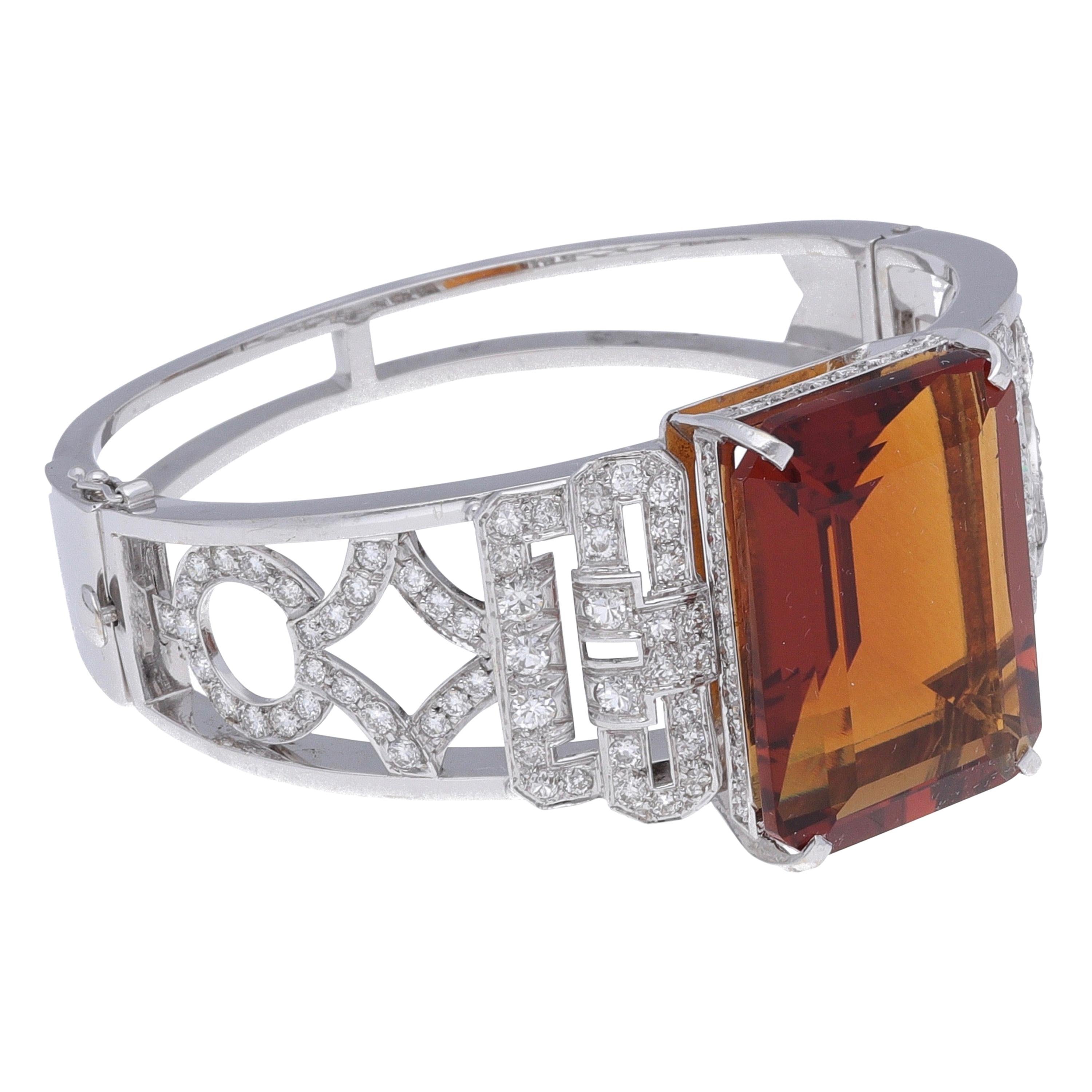 Bracelet jonc en or blanc 18 carats, diamants et quartz citrine