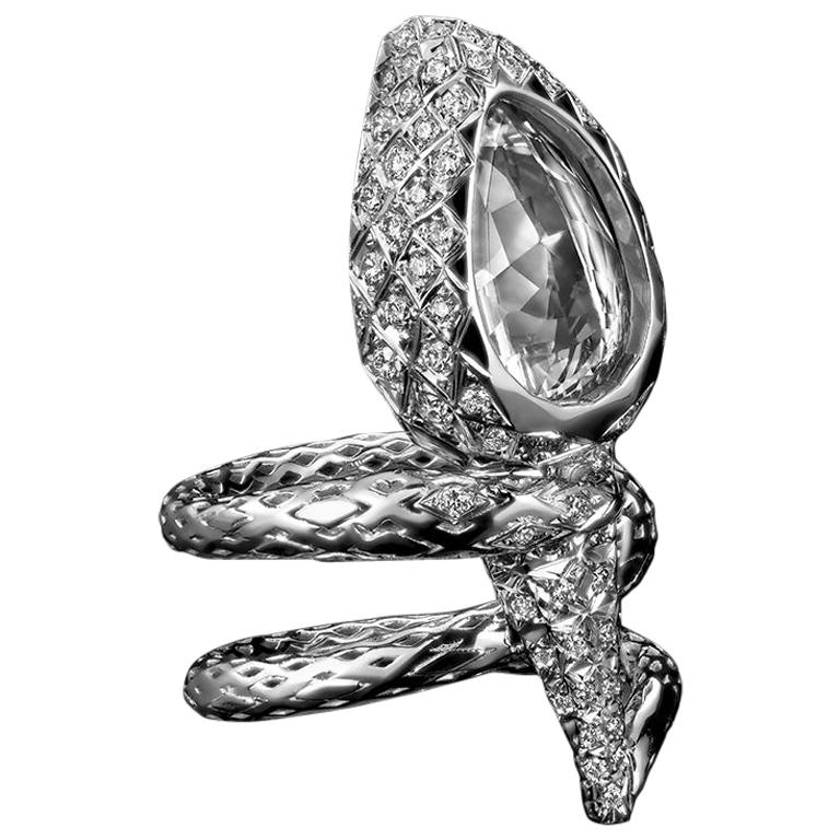 18 Karat White Gold Diamonds Designer Stylized Snake Cocktail Ring For Sale