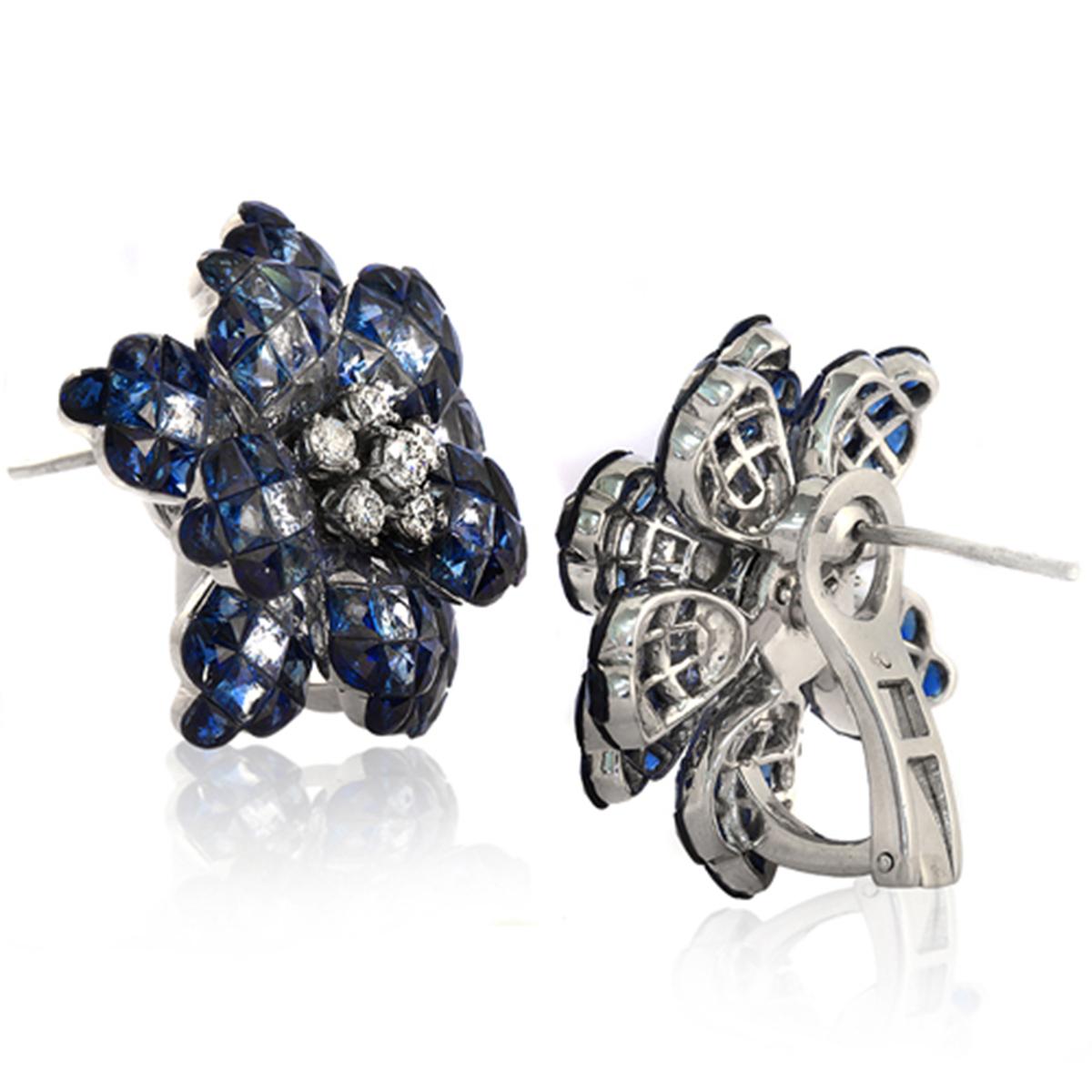 Women's 18 Karat White Gold Diamonds Invisible Set 34.26 Carat Blue Sapphire Earrings For Sale