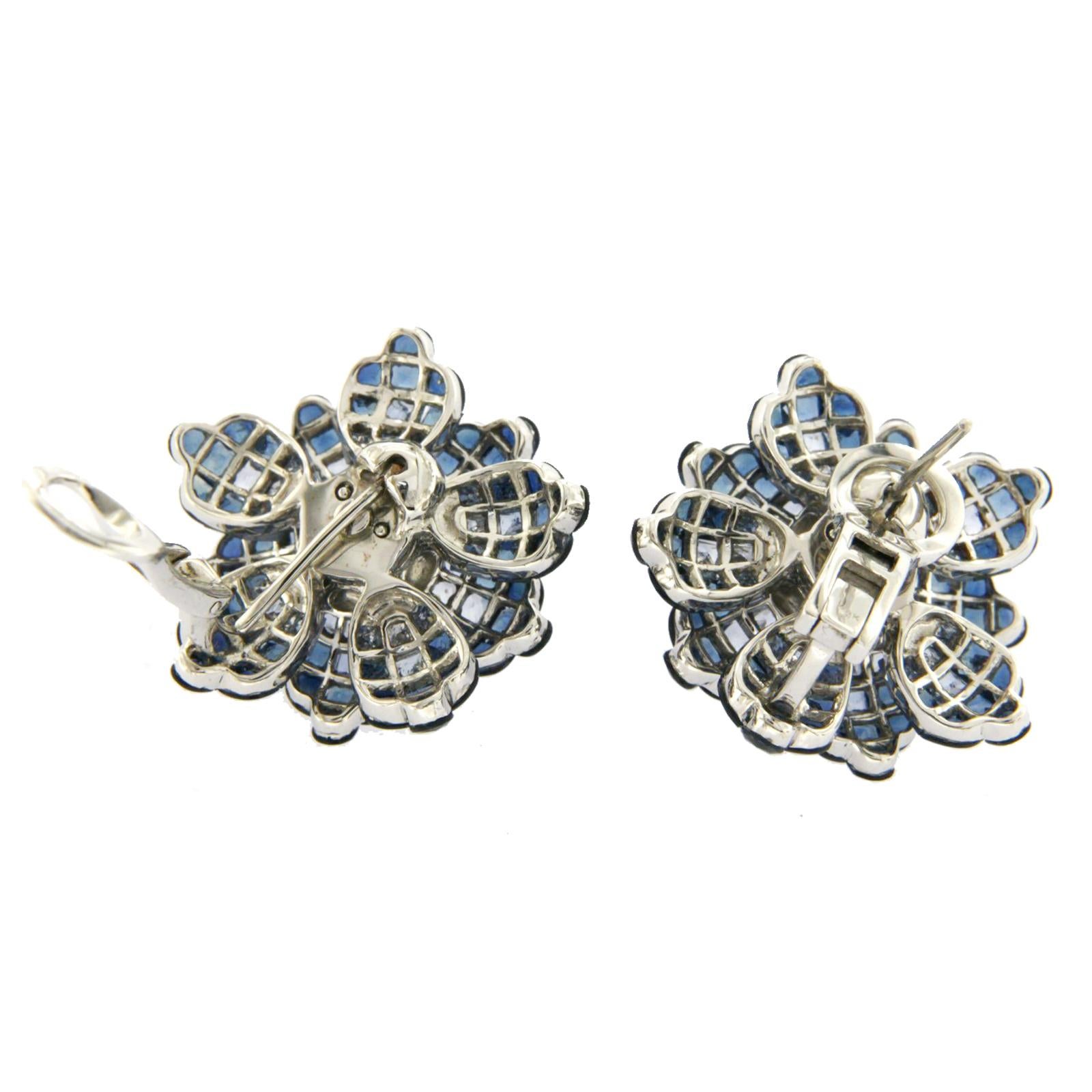 18 Karat White Gold Diamonds Invisible Set 34.26 Carat Blue Sapphire Earrings For Sale 1