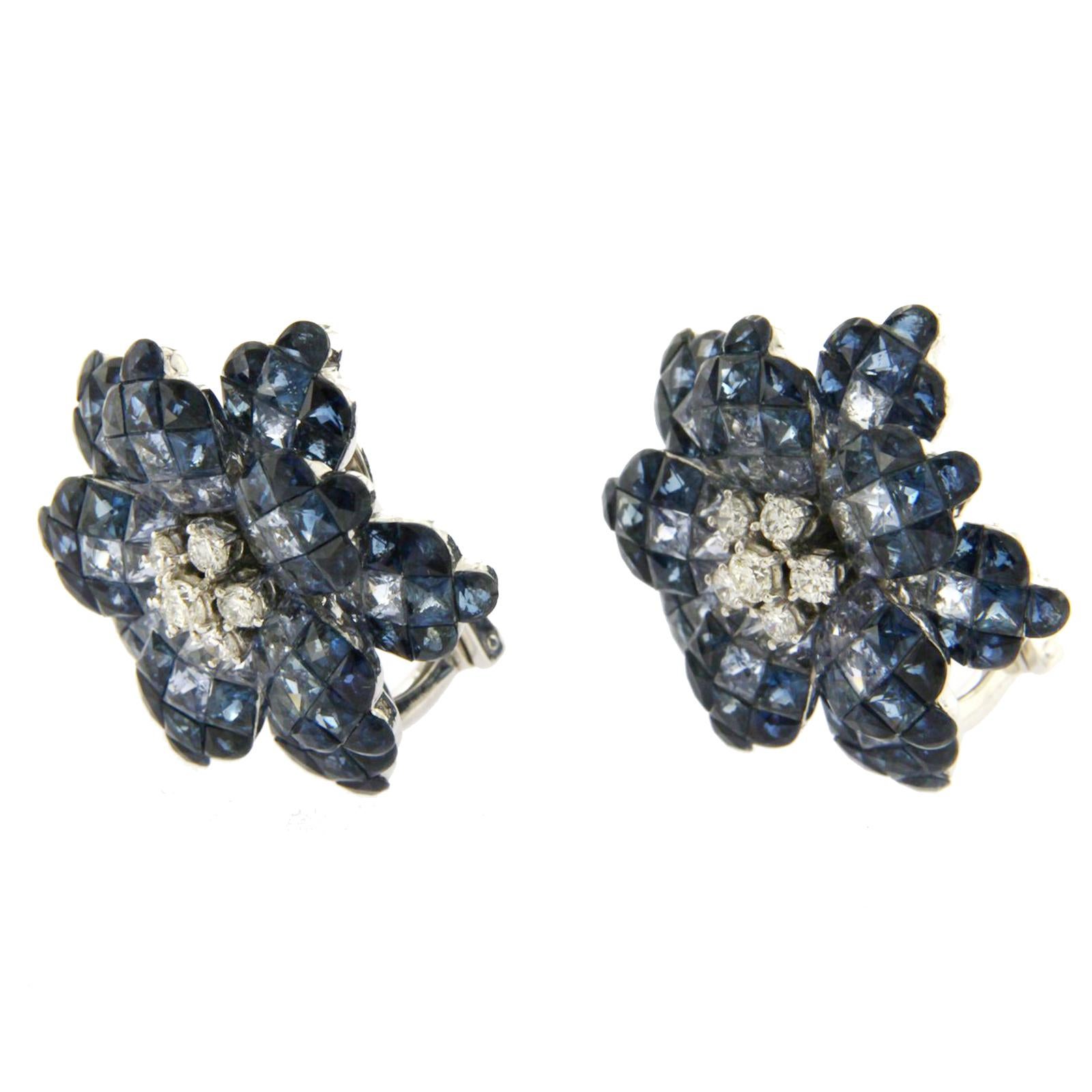 18 Karat White Gold Diamonds Invisible Set 34.26 Carat Blue Sapphire Earrings For Sale 2