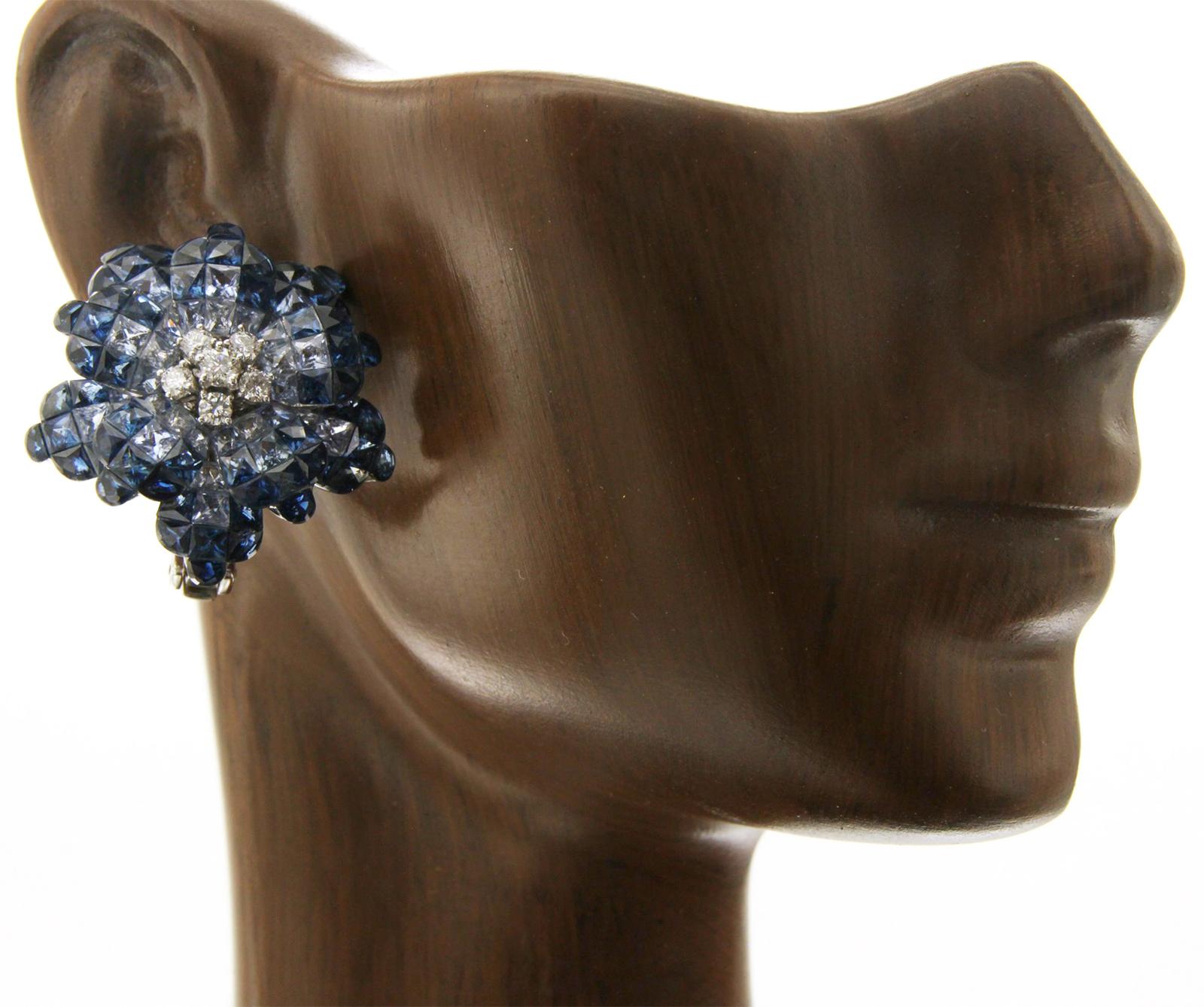 18 Karat White Gold Diamonds Invisible Set 34.26 Carat Blue Sapphire Earrings For Sale 3
