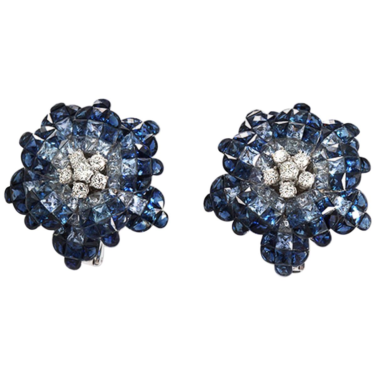 18 Karat White Gold Diamonds Invisible Set 34.26 Carat Blue Sapphire Earrings For Sale
