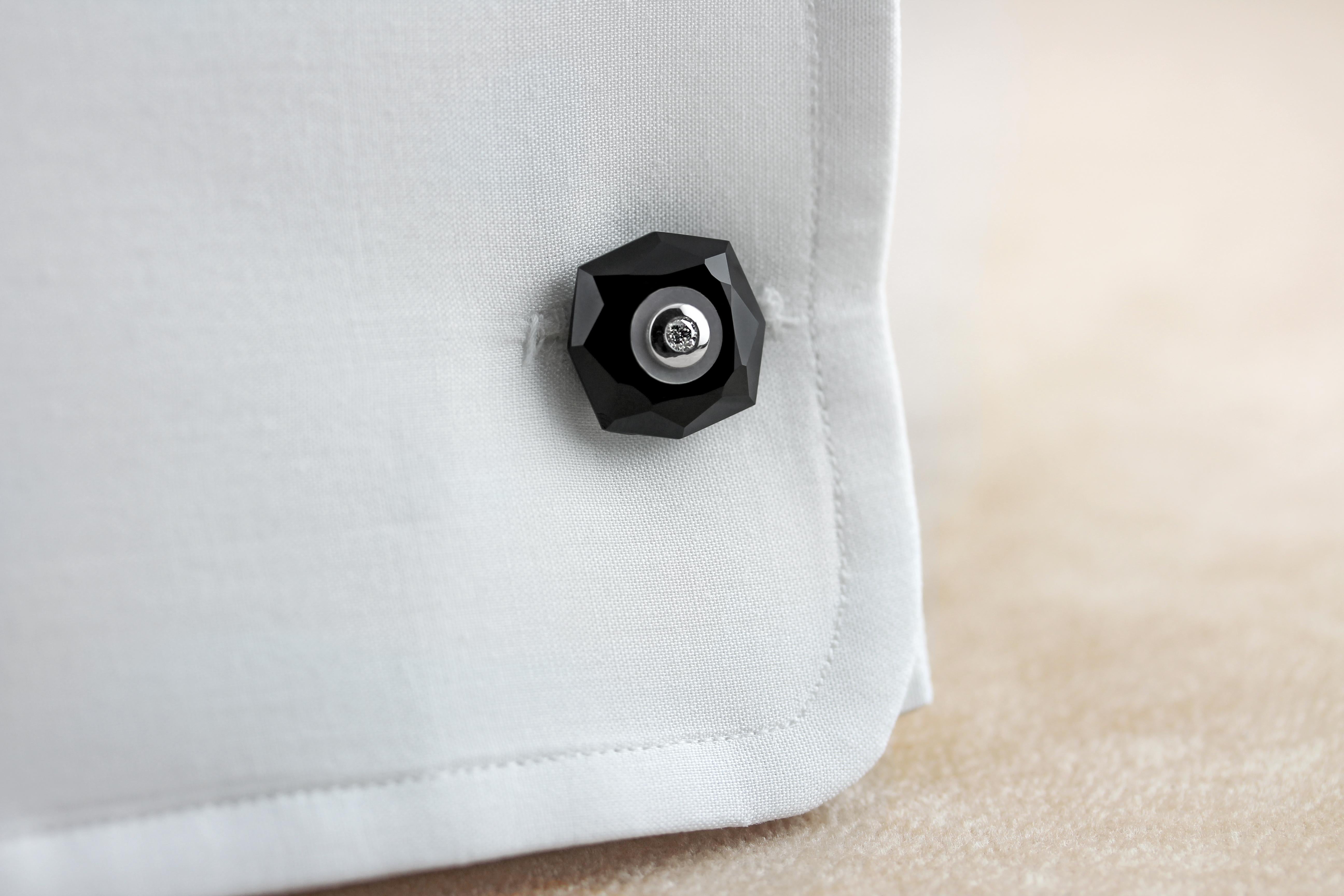 Brilliant Cut 18 Karat White Gold Diamonds Octagonal Onyx and Mother of Pearl Cufflinks For Sale