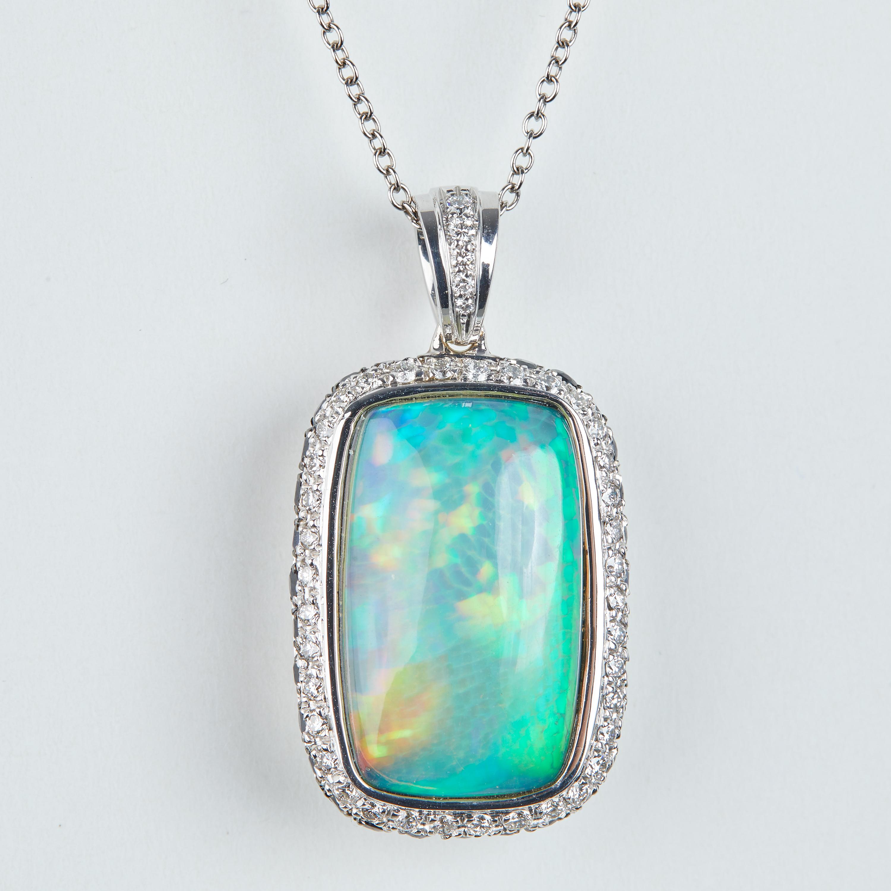 Women's or Men's 18 Karat White Gold Diamonds, Opal Pendant Necklace For Sale