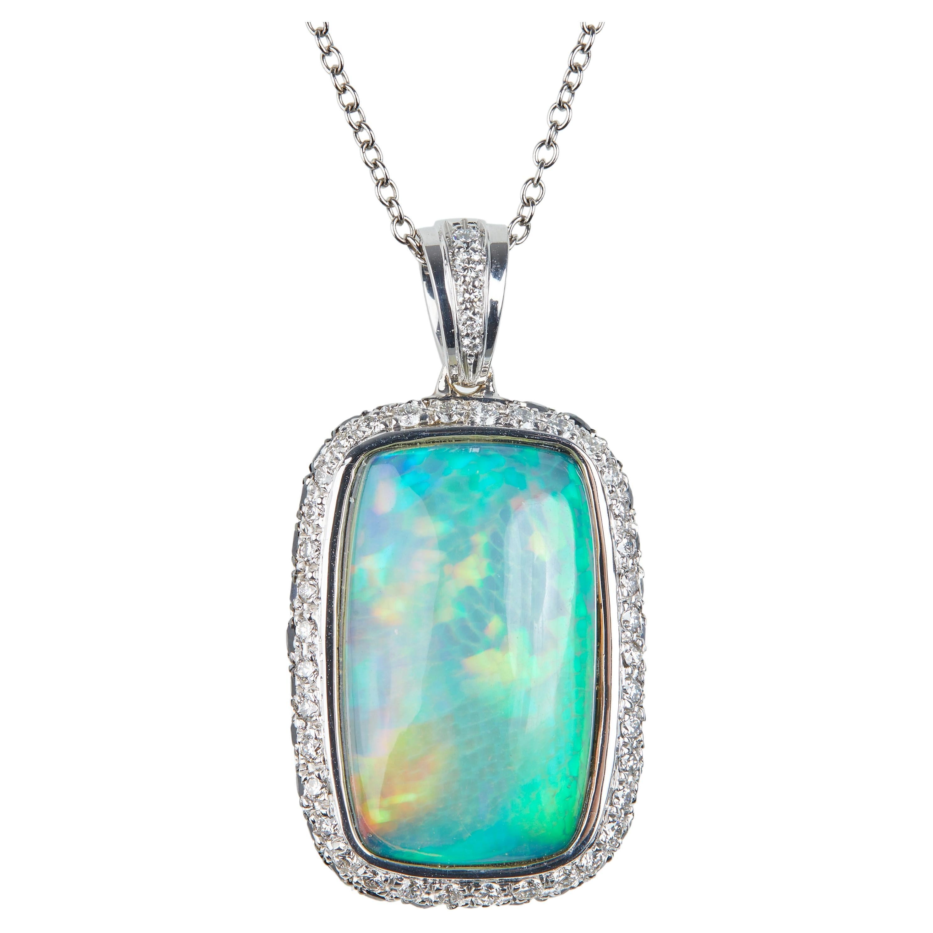 18 Karat White Gold Diamonds, Opal Pendant Necklace For Sale