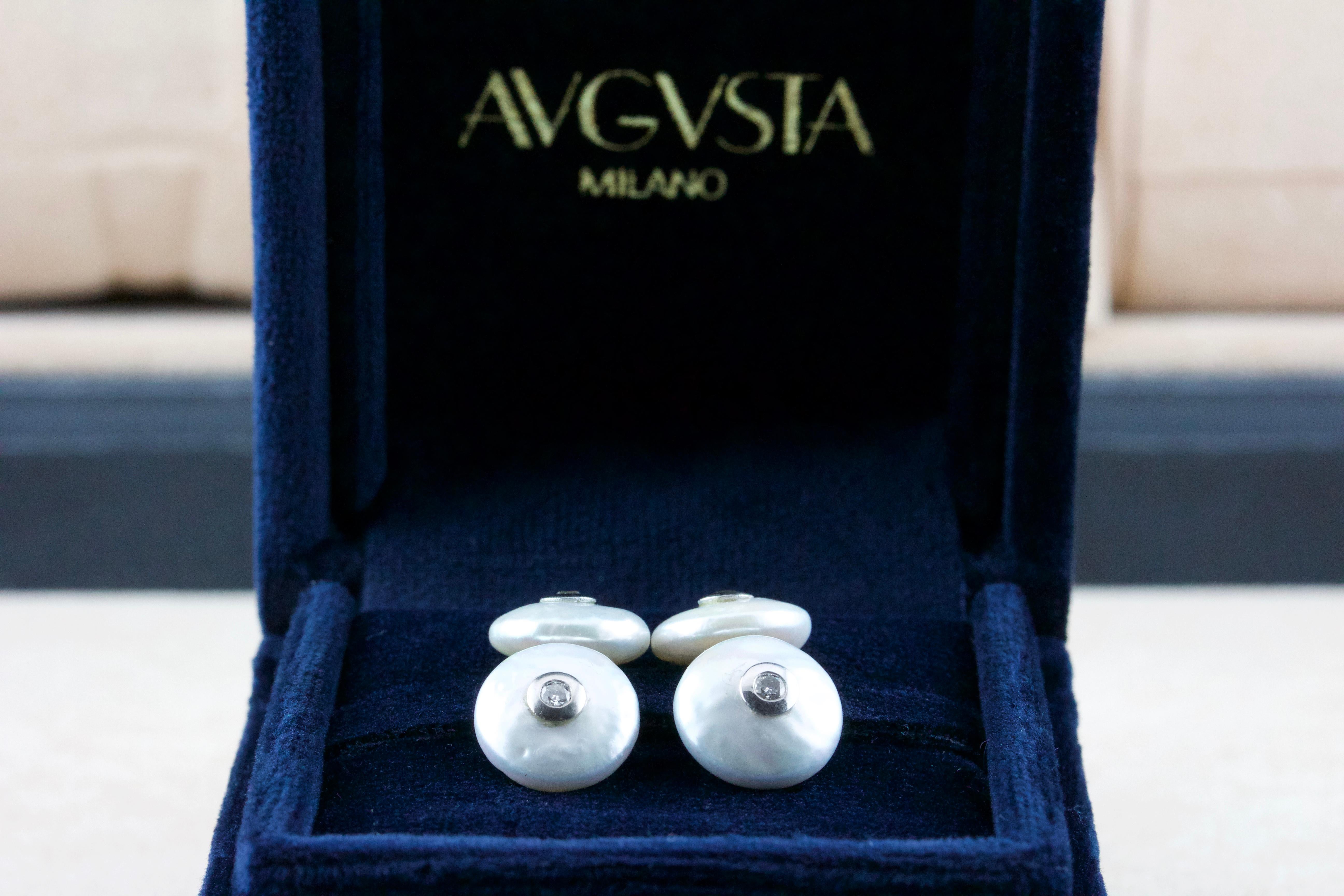 These sophisticated cufflinks are timeless and elegant and made with four Keshi pearls in a charming round shape, two for the front faces and two for the toggles. 
Each pearl is adorned with a diamond at the center ,  mounting in 18 karat white