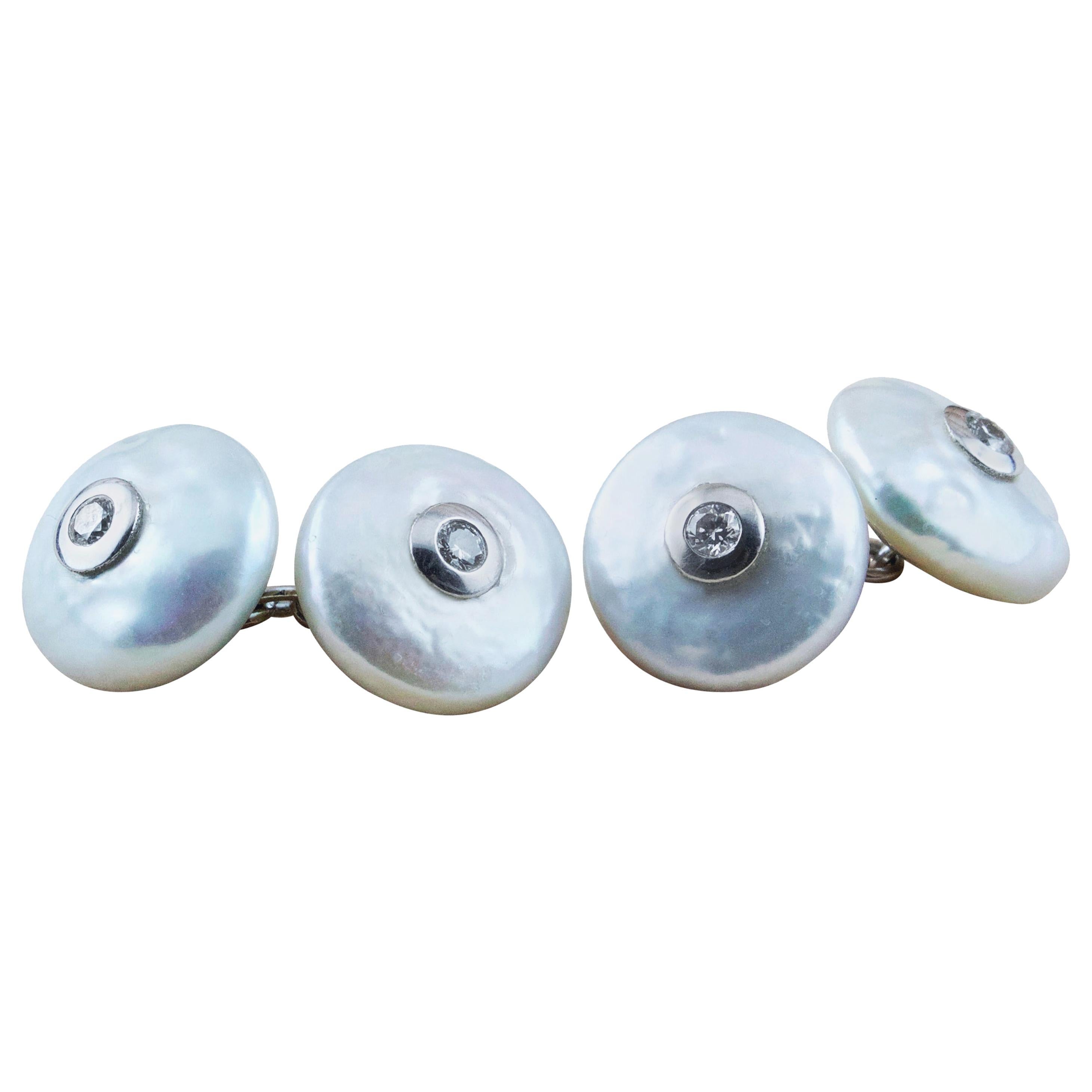 18 Karat White Gold Diamonds Pearl Cufflinks For Sale