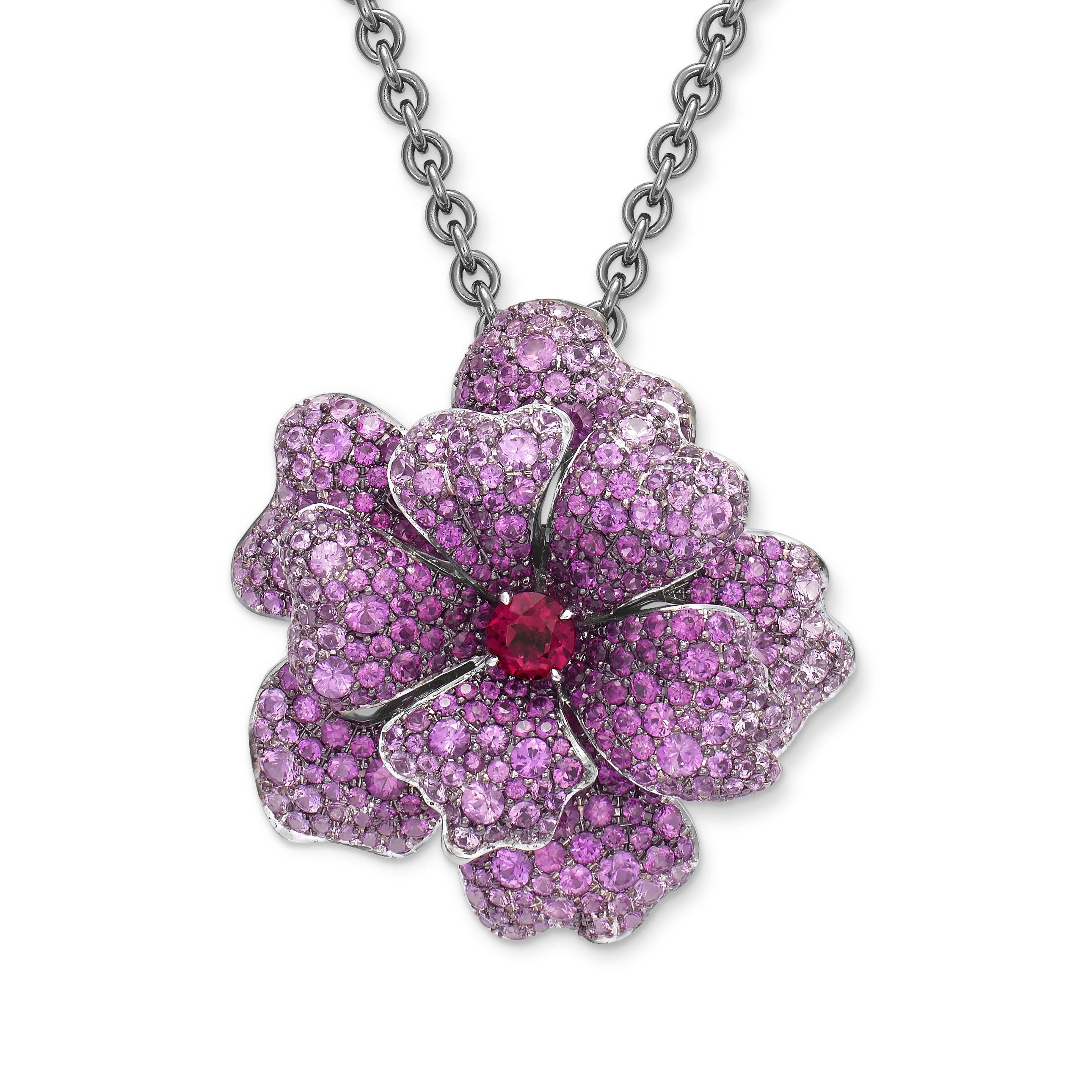 Contemporary 18 Karat White Gold, Diamonds, Pink Sapphire and Ruby Pendant and Bracelet For Sale