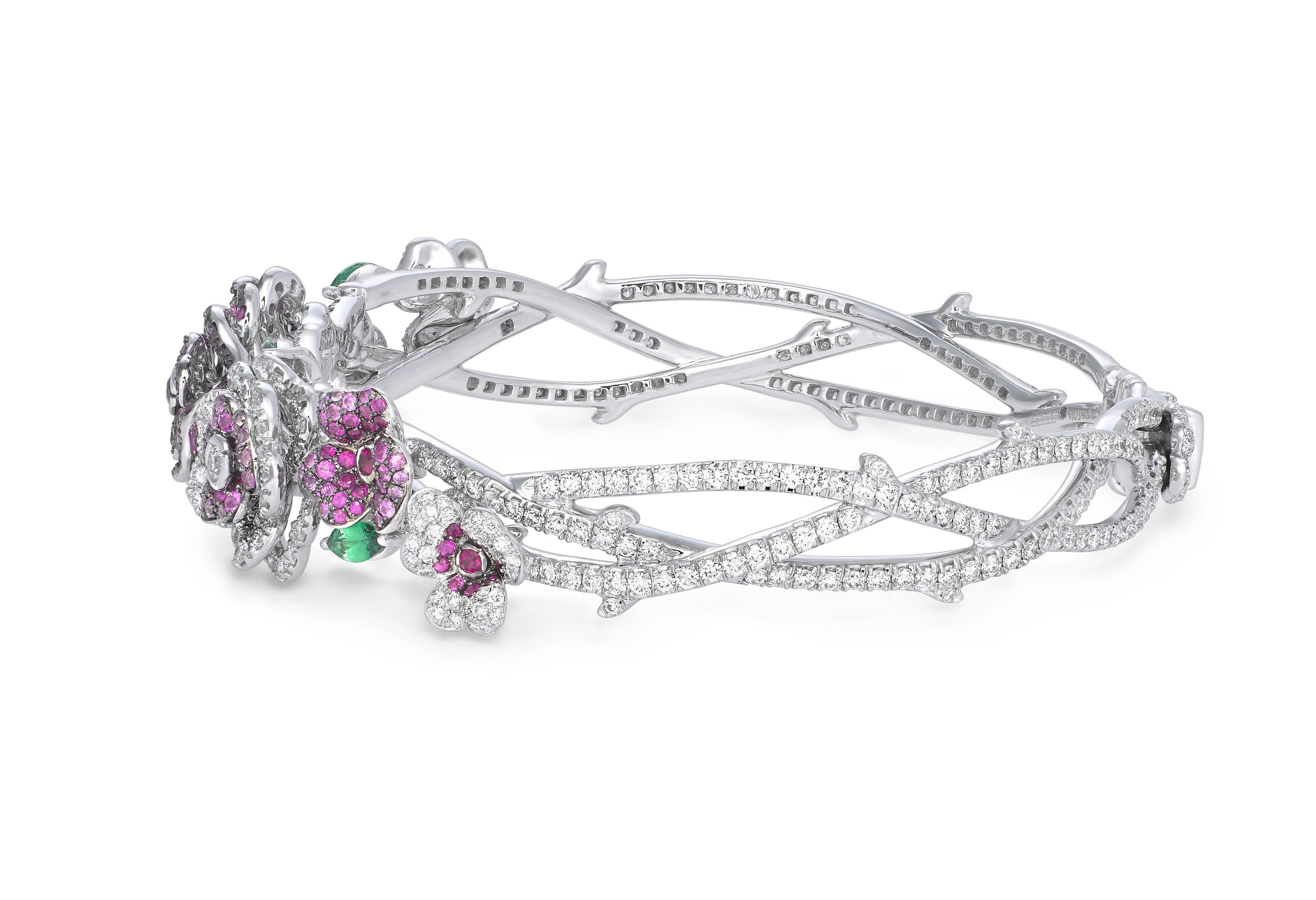 Women's or Men's 18 Karat White Gold, Diamonds, Pink Sapphire and Ruby Pendant and Bracelet For Sale