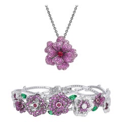 Used 18 Karat White Gold, Diamonds, Pink Sapphire and Ruby Pendant and Bracelet