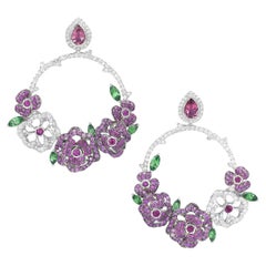 Boucles d'oreilles en or blanc 18 carats, diamants, saphir rose, rubis et tsavorite