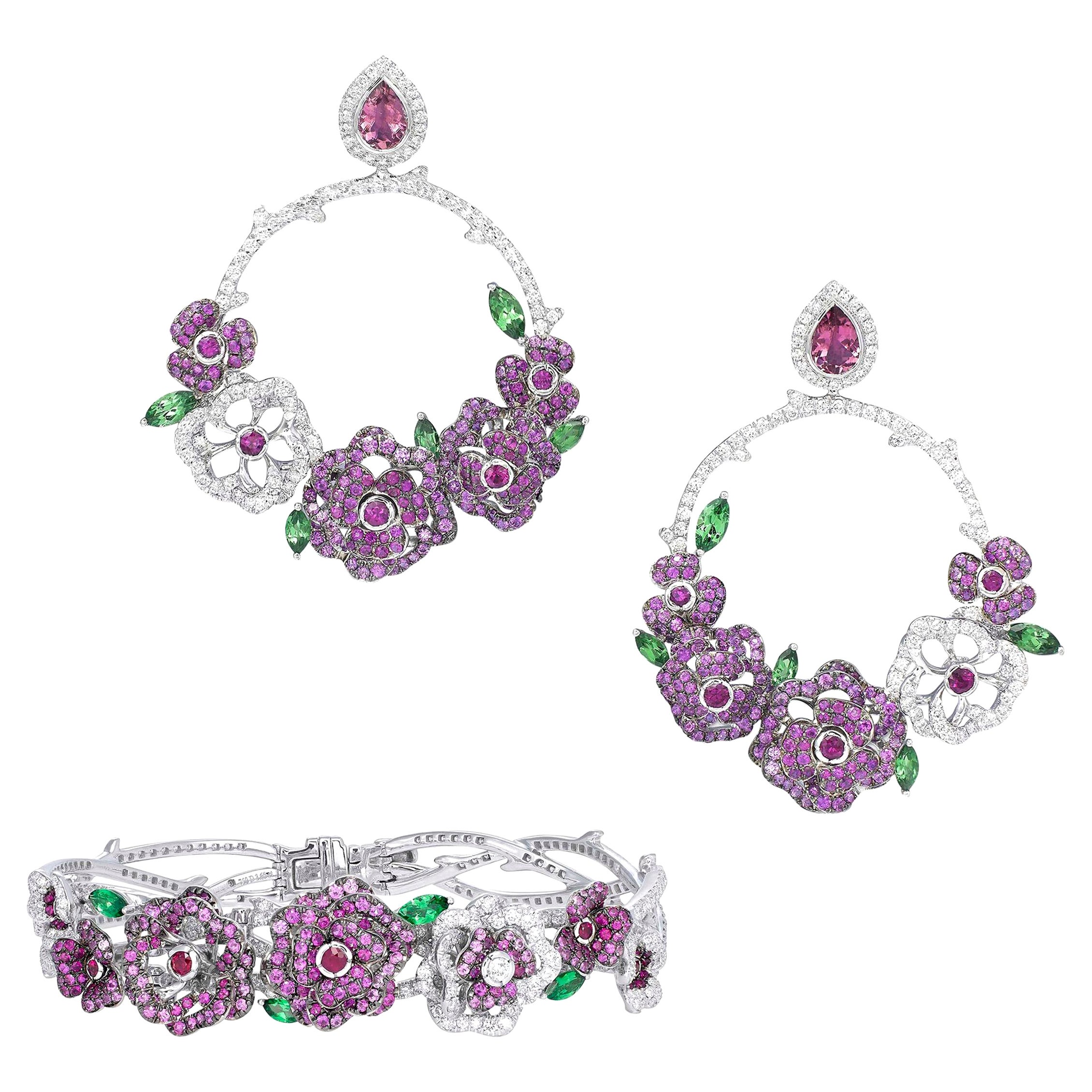 18 Karat White Gold, Diamonds, Pink Sapphires and Rubies Earrings and Bracelet For Sale