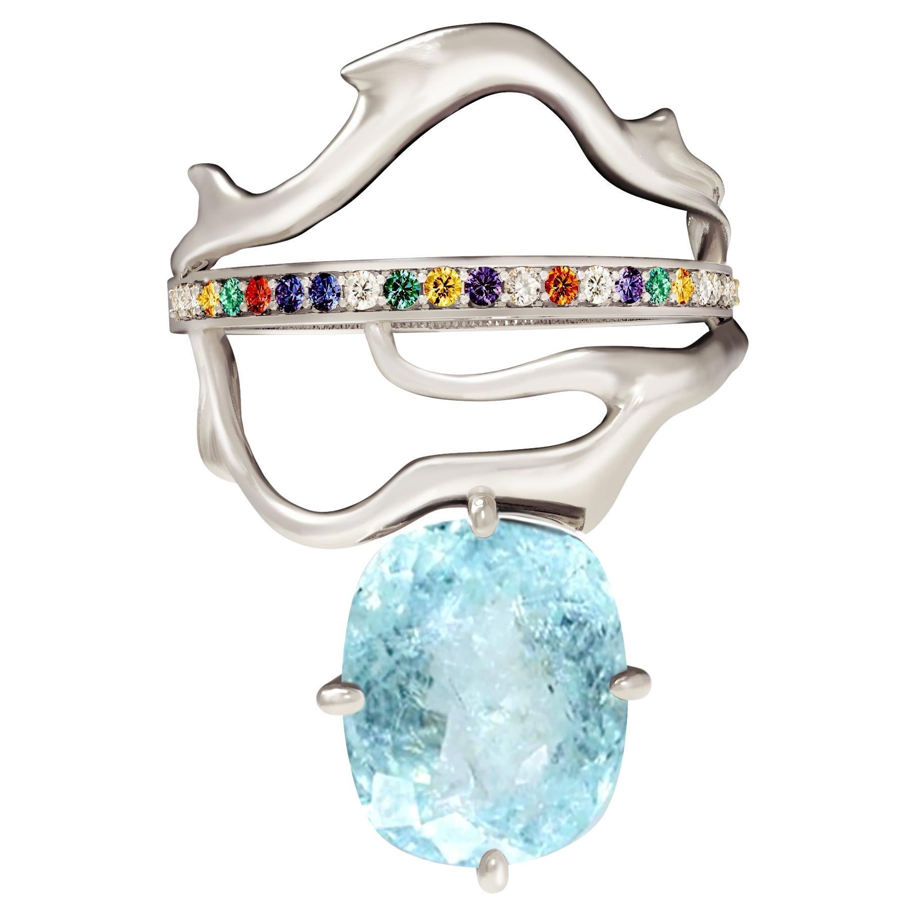18 Karat White Gold Diamonds Ring with Paraiba Tourmaline and Sapphires For Sale 6