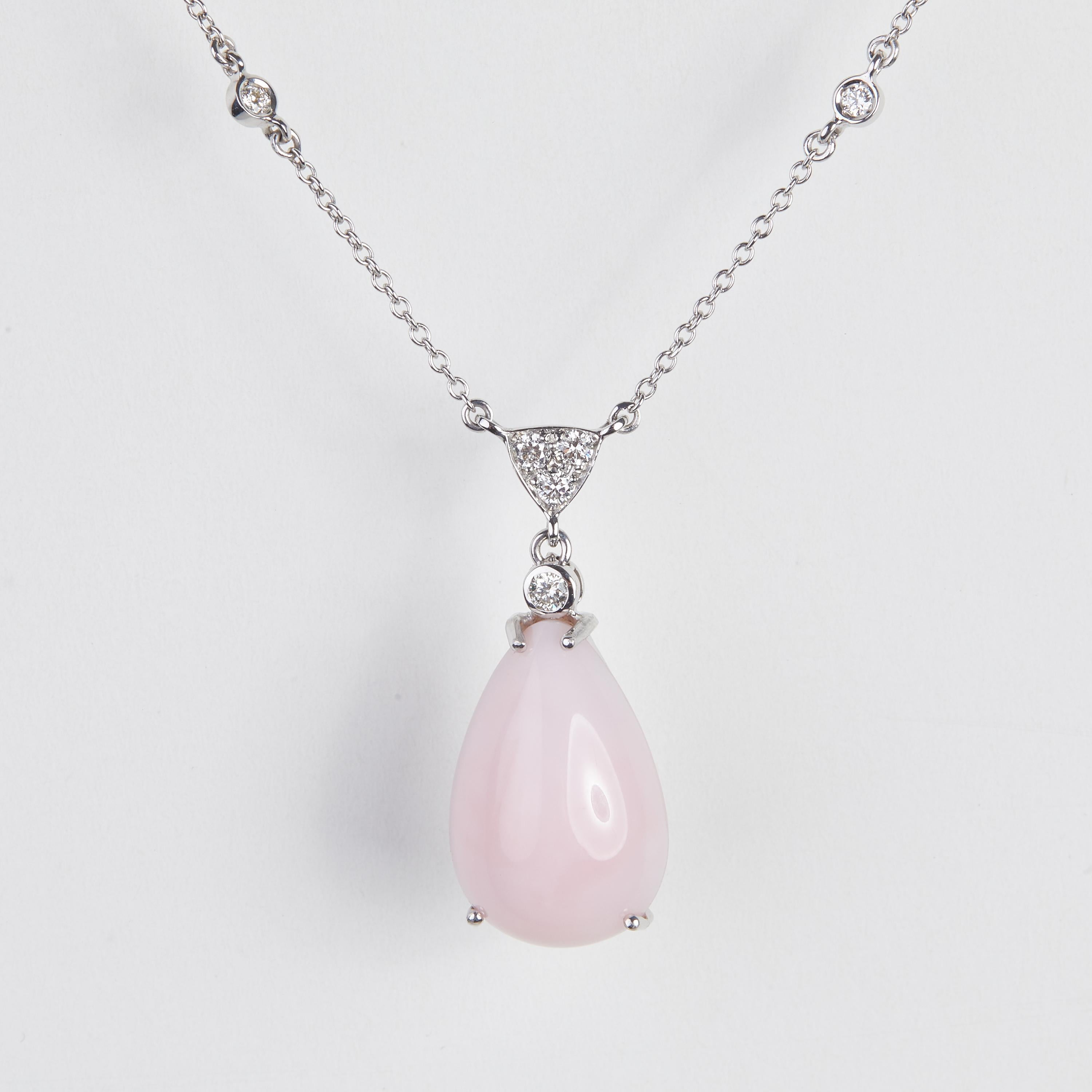 Women's or Men's 18 Karat White Gold Diamonds, Rose Opal Pendant Necklace For Sale