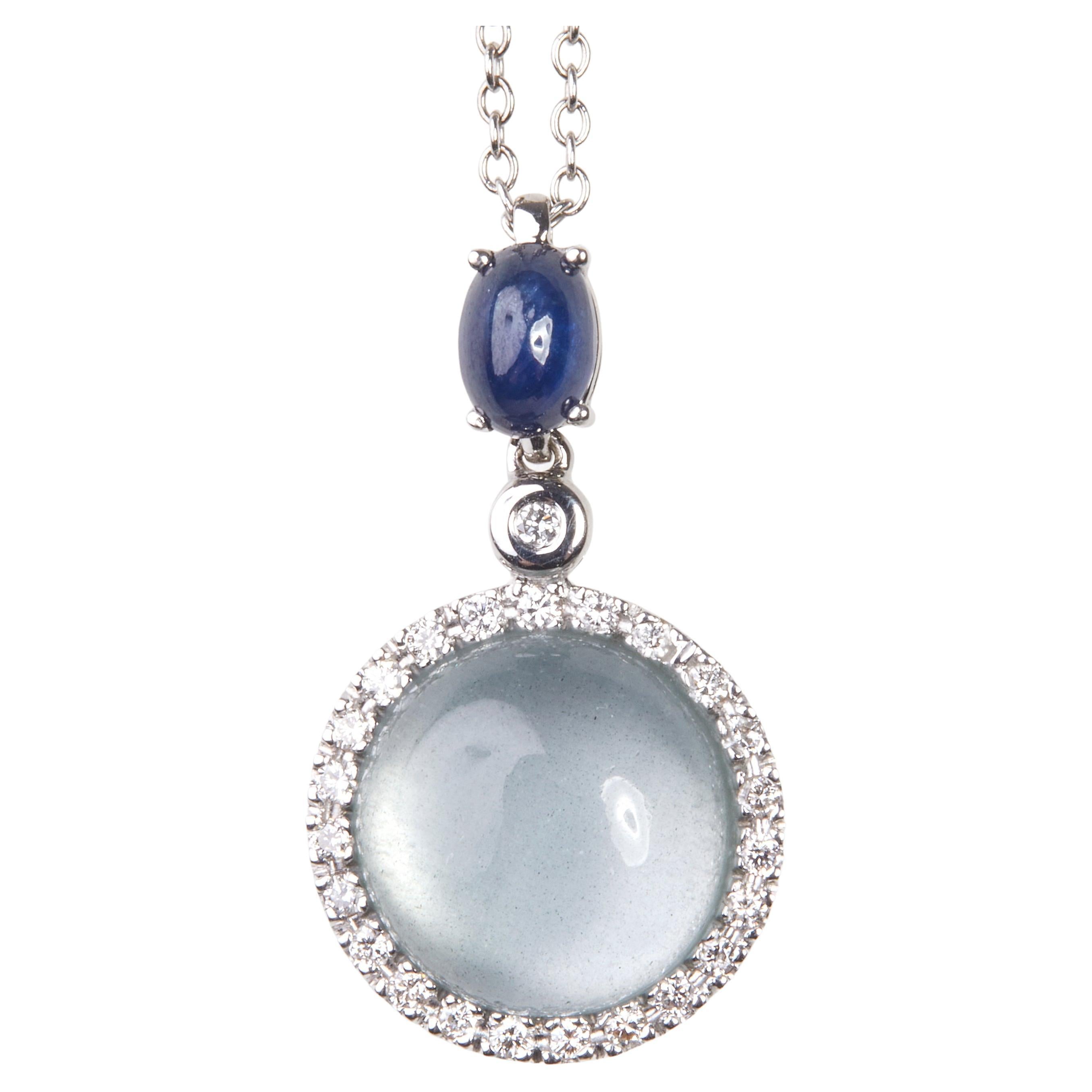 18 Karat White Gold Diamonds , Sapphire and Aquamarine Pendant Neclas For Sale