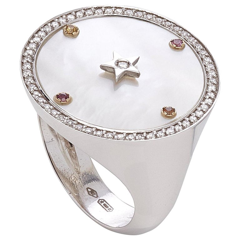 18 Karat White Gold, Diamonds/ Sapphire/ White Mother of Pearl Chevalier Ring 1