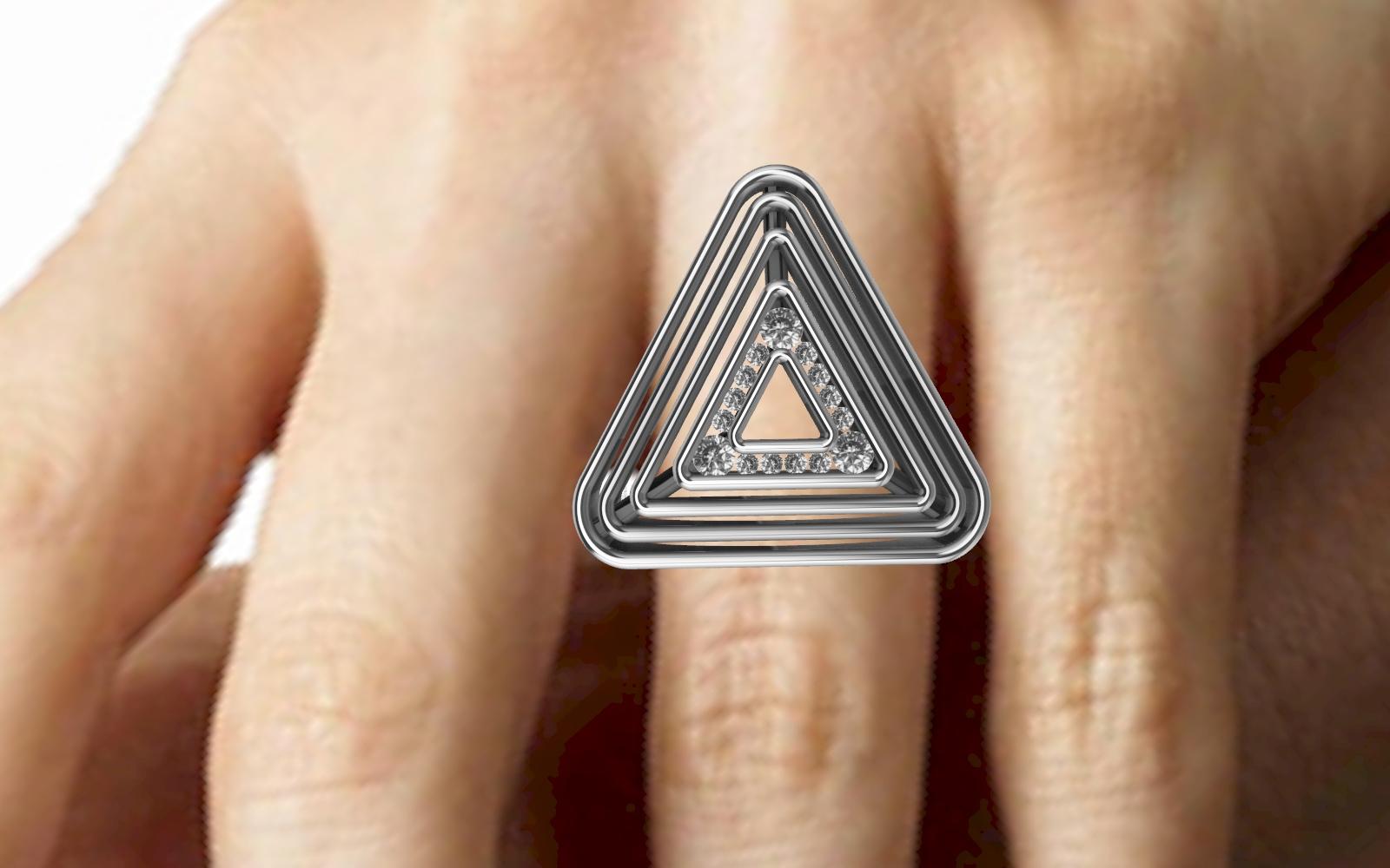 En vente :  Bague pyramide douce triangulaire en or blanc 18 carats et diamants 3
