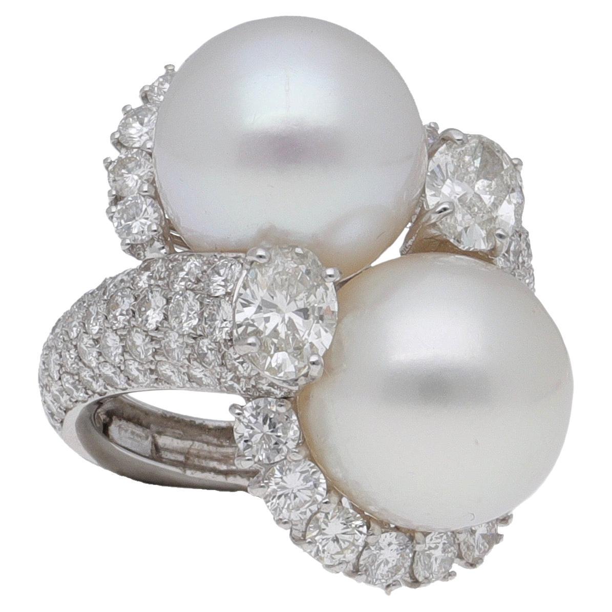 18 Karat White Gold Diamonds South Sea Pearls Toi Et Moi Cocktail Ring For Sale