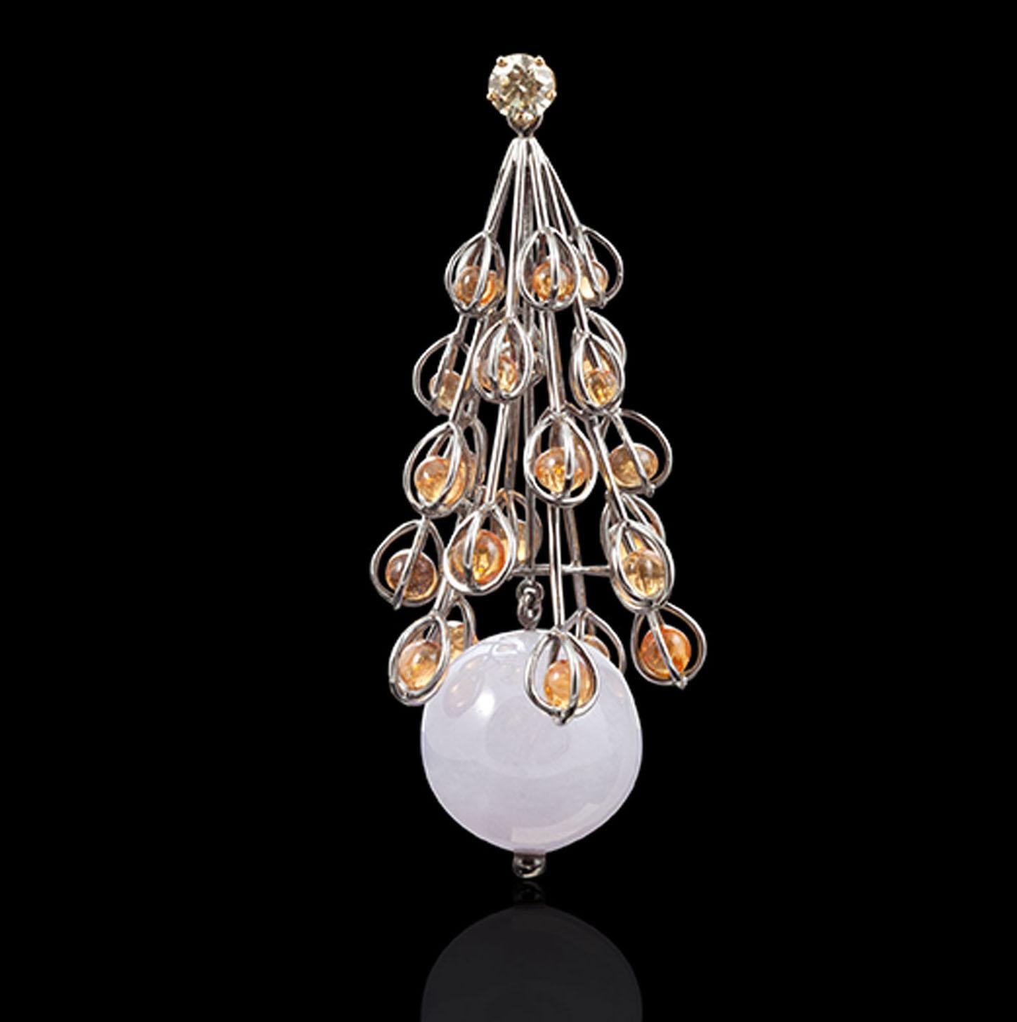 Contemporary 18 Karat White Gold Lantern Earrings with Jade Beads, Yellow Diamonds For Sale