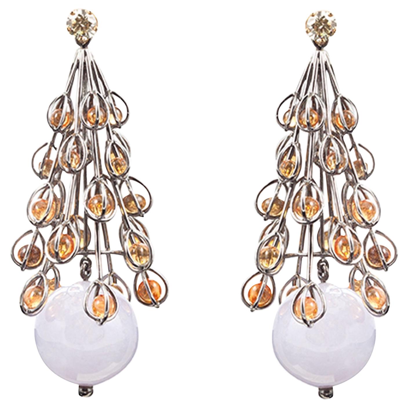 18 Karat White Gold Lantern Earrings with Jade Beads, Yellow Diamonds For Sale